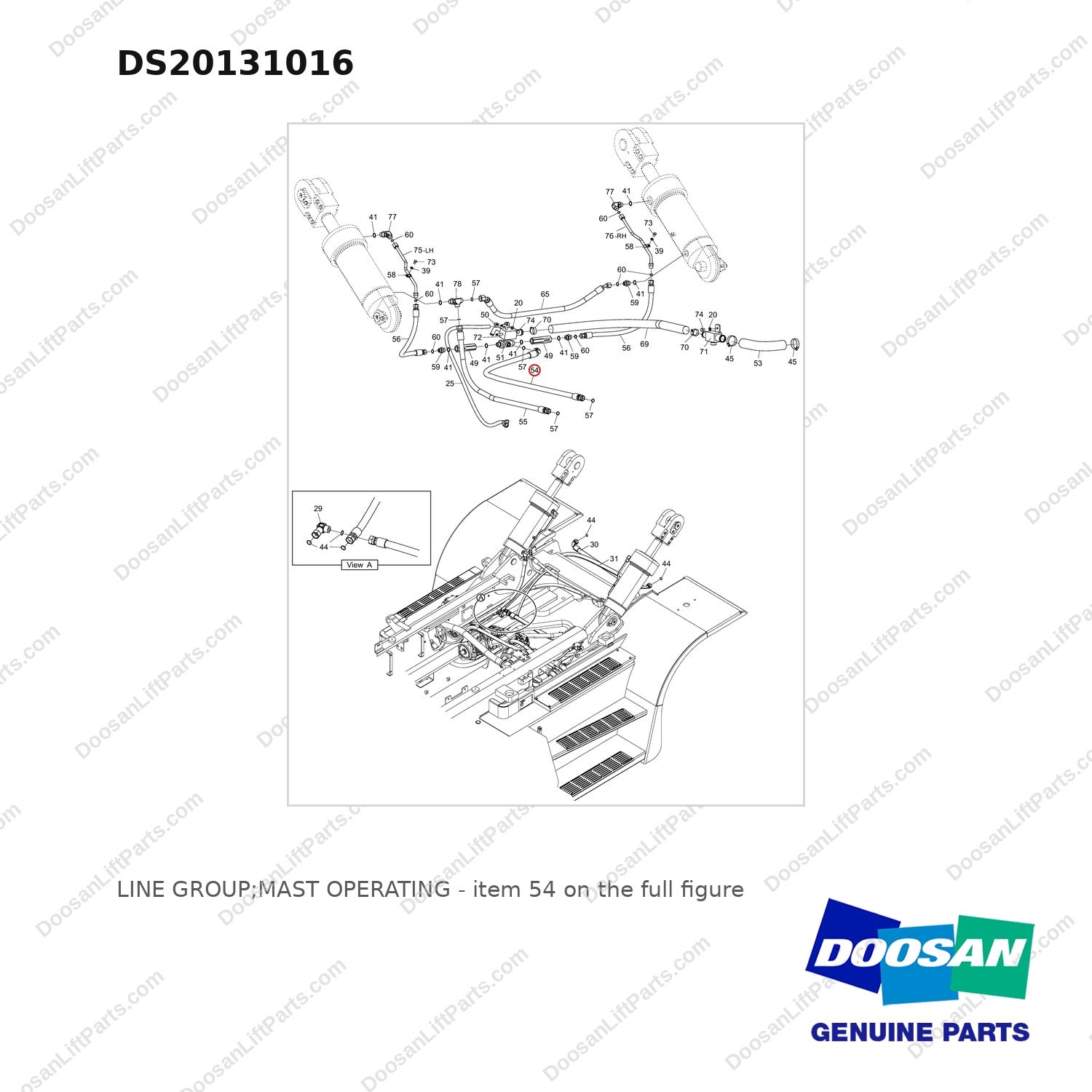 DS20131016 LINE GROUP;MAST OPERATING - full parts diagram, item 54 marked - genuine Doosan / Bobcat forklift part