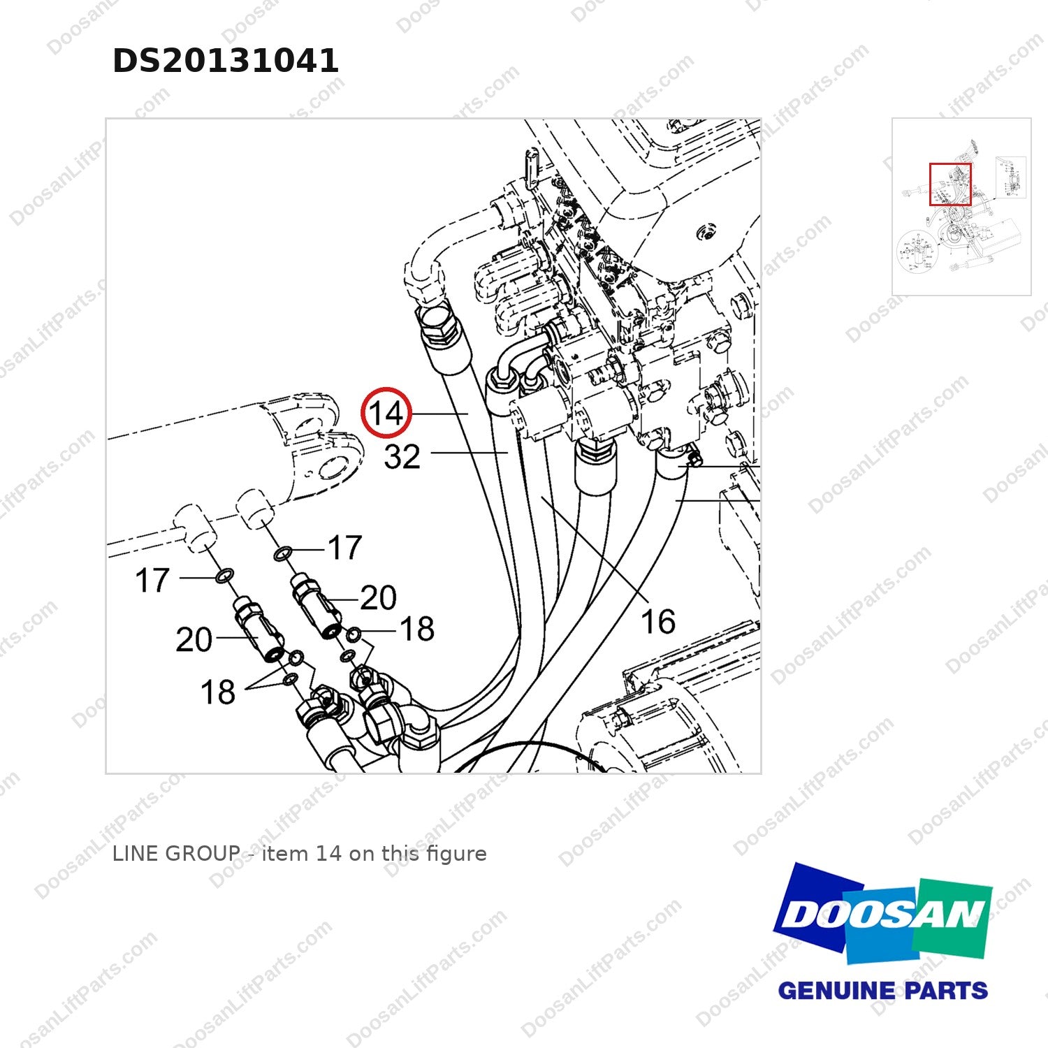DS20131041 LINE GROUP - parts diagram, item 14 shown - genuine Doosan / Bobcat forklift part