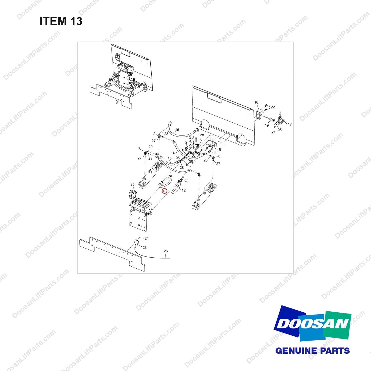 DS20131052 ARRANGEMENT,CHANGEOVER;AUTO TILT LEVELIN - full parts diagram, item 13 marked - genuine Doosan / Bobcat forklift part