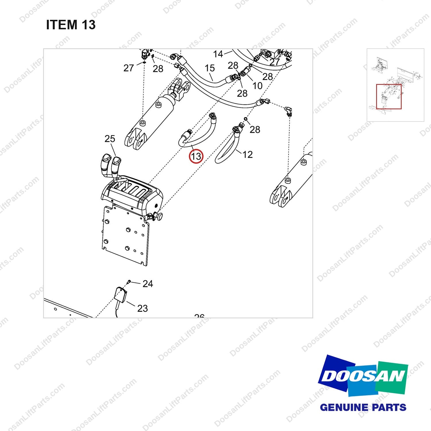 DS20131052 ARRANGEMENT,CHANGEOVER;AUTO TILT LEVELIN - parts diagram, item 13 shown - genuine Doosan / Bobcat forklift part