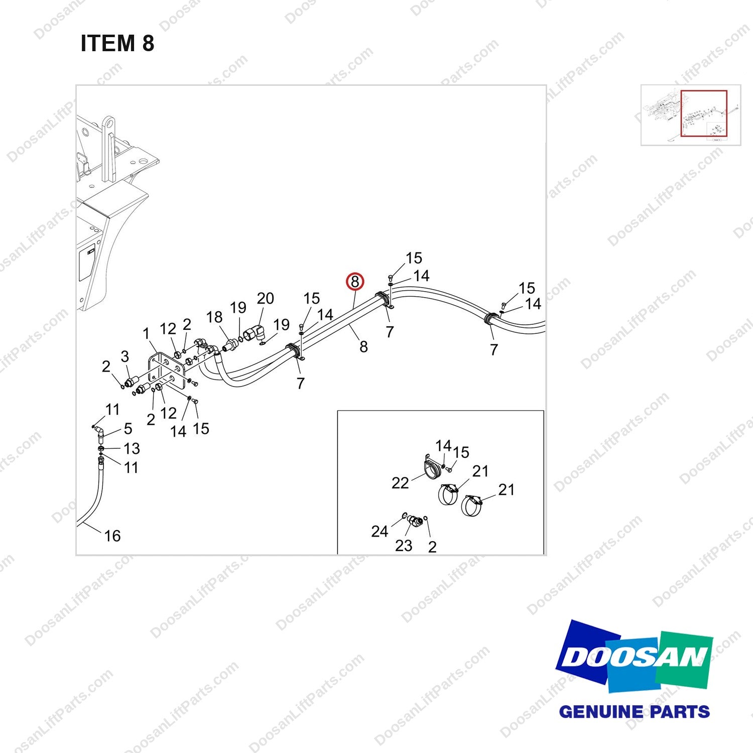 DS20131065 POWER STEERING CYLINDER LINE_L - parts diagram, item 8 shown - genuine Doosan / Bobcat forklift part