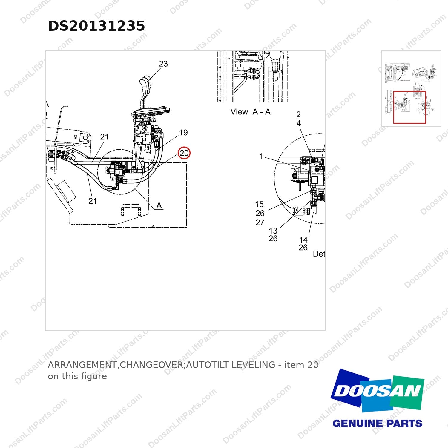 DS20131235 ARRANGEMENT,CHANGEOVER;AUTOTILT LEVELING - parts diagram, item 20 shown - genuine Doosan / Bobcat forklift part