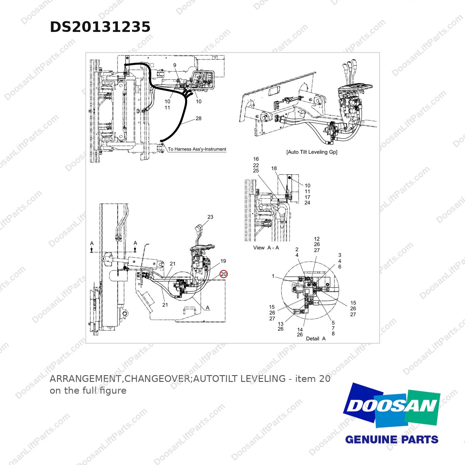 DS20131235 ARRANGEMENT,CHANGEOVER;AUTOTILT LEVELING - full parts diagram, item 20 marked - genuine Doosan / Bobcat forklift part