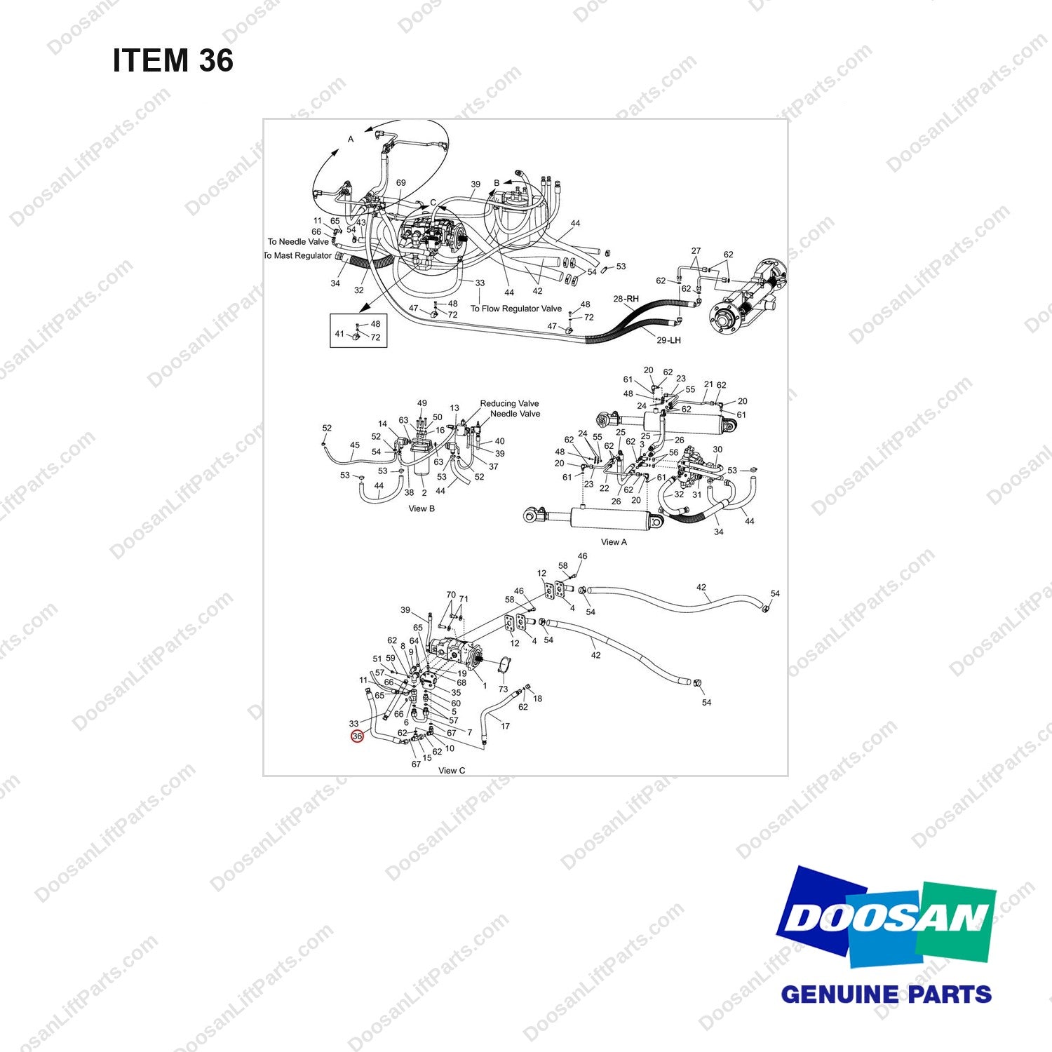 DS20131320 LINE GROUP;MAST OPERATING - full parts diagram, item 36 marked - genuine Doosan / Bobcat forklift part