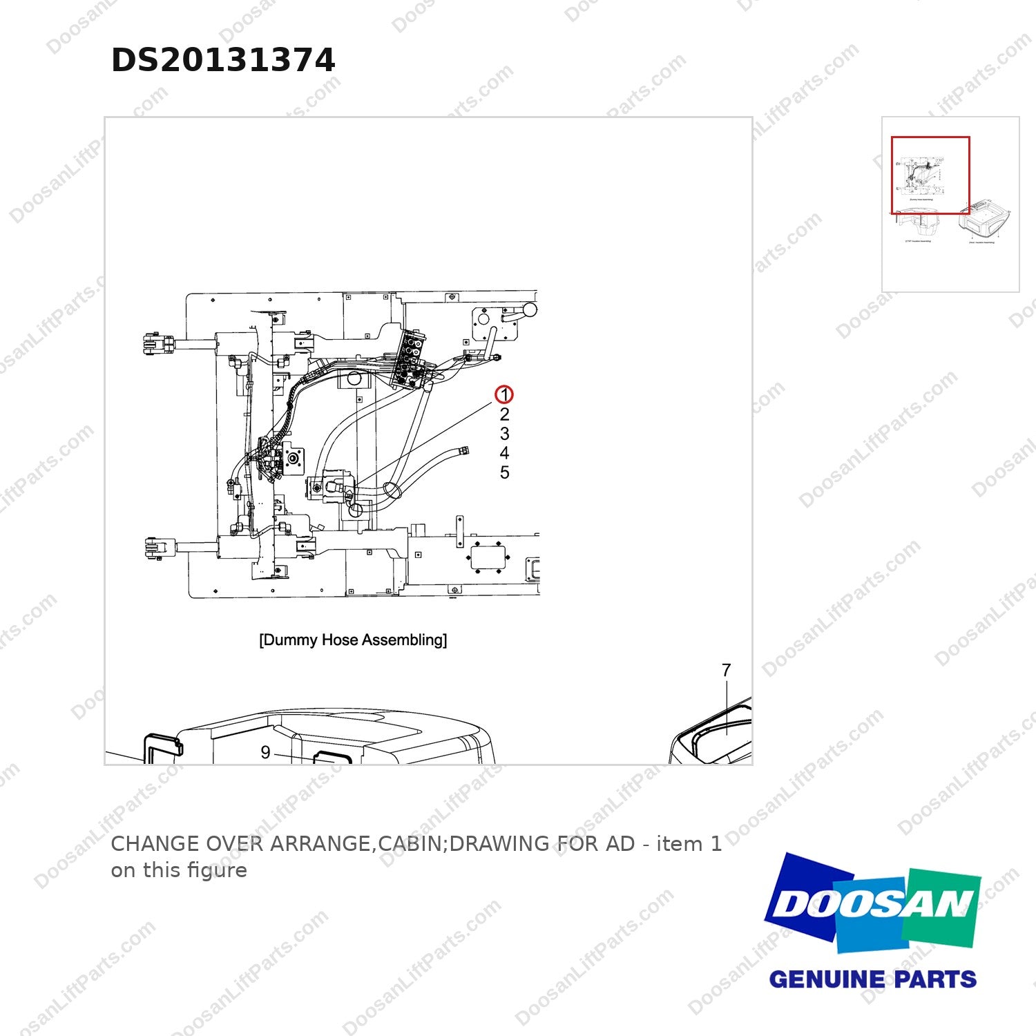 DS20131374 CHANGE OVER ARRANGE,CABIN;DRAWING FOR AD - parts diagram, item 1 shown - genuine Doosan / Bobcat forklift part