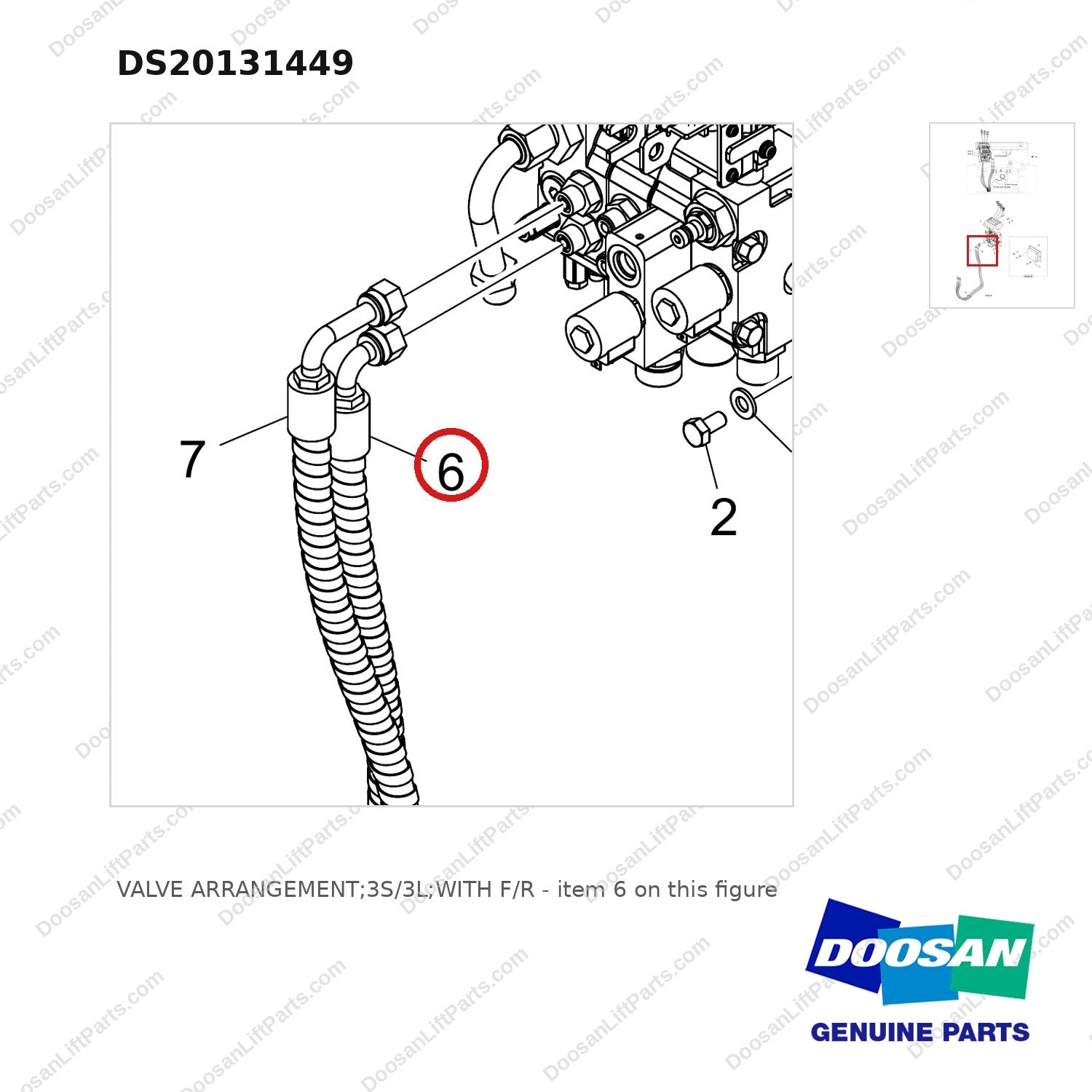 DS20131449 VALVE ARRANGEMENT;3S/3L;WITH F/R - parts diagram, item 6 shown - genuine Doosan / Bobcat forklift part