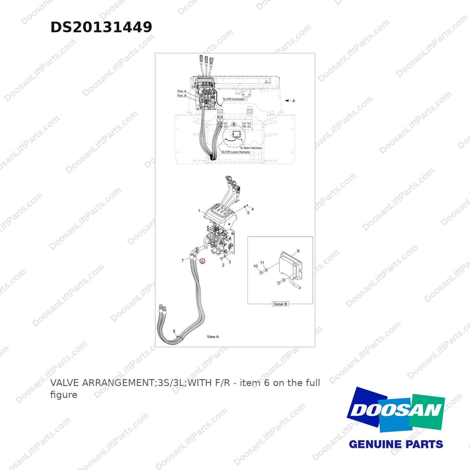DS20131449 VALVE ARRANGEMENT;3S/3L;WITH F/R - full parts diagram, item 6 marked - genuine Doosan / Bobcat forklift part