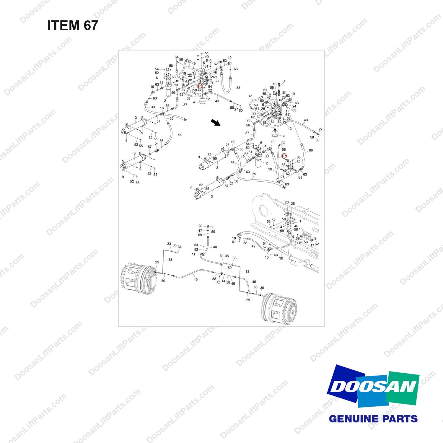 DS20131477 LINE GROUP;BRAKE, DV250S-7,TIER-4 - full parts diagram, item 67 marked - genuine Doosan / Bobcat forklift part