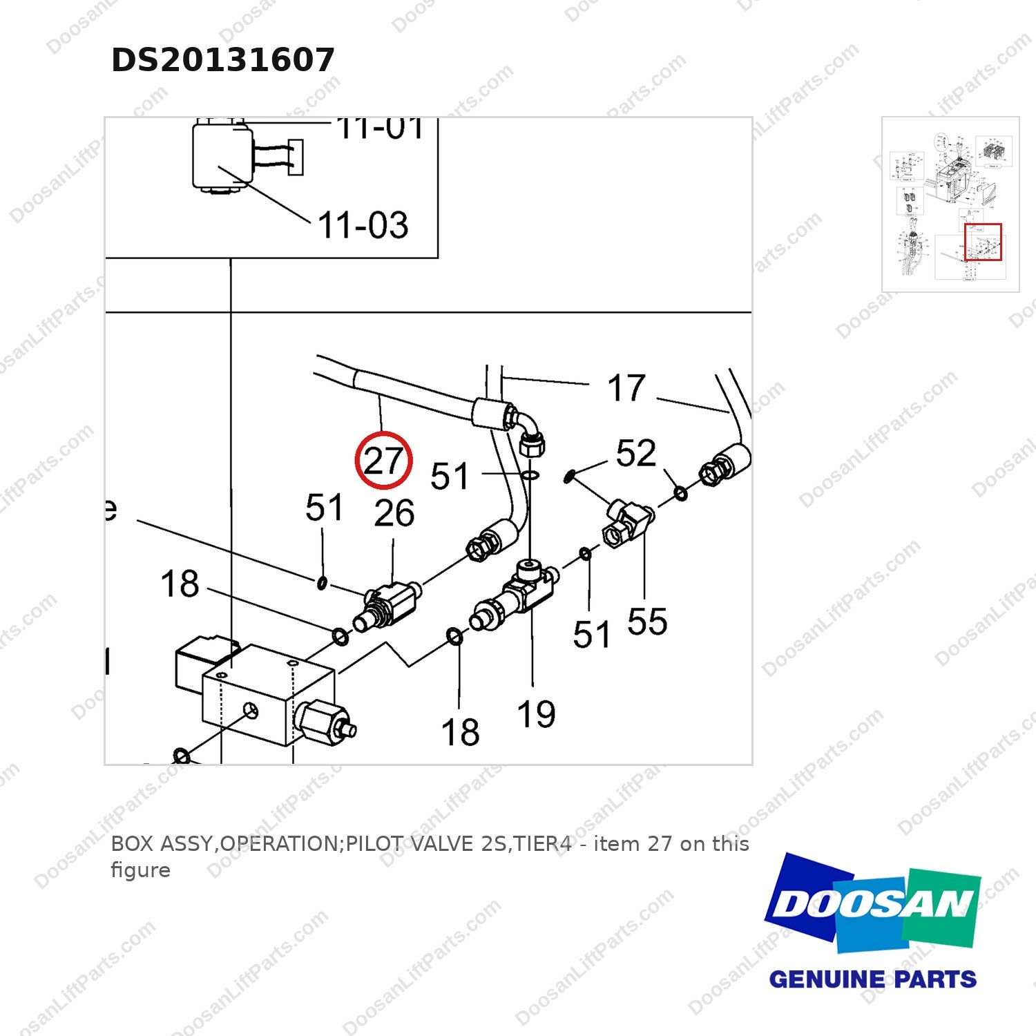 DS20131607 BOX ASSY,OPERATION;PILOT VALVE 2S,TIER4 - parts diagram, item 27 shown - genuine Doosan / Bobcat forklift part