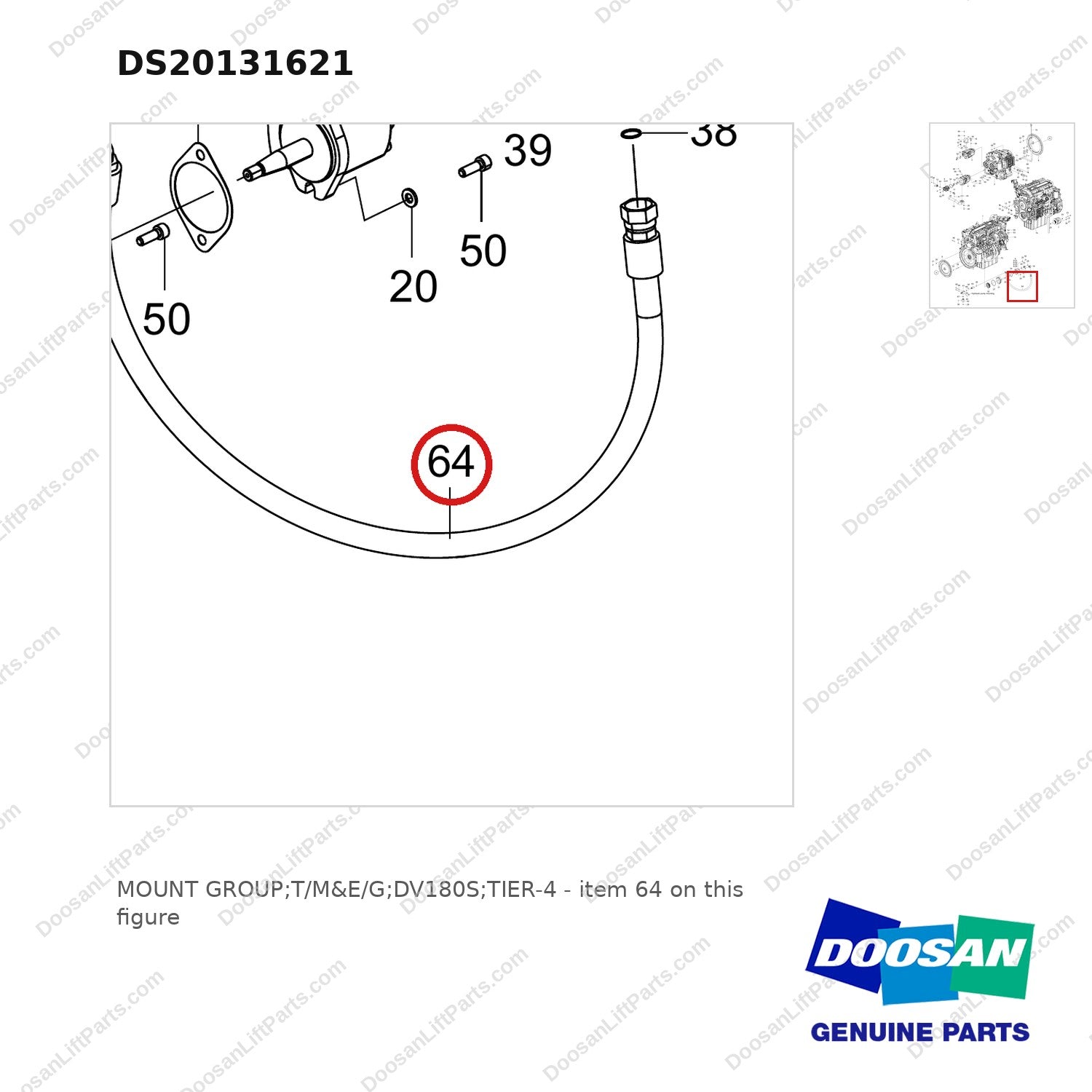 DS20131621 MOUNT GROUP;T/M&E/G;DV180S;TIER-4 - parts diagram, item 64 shown - genuine Doosan / Bobcat forklift part
