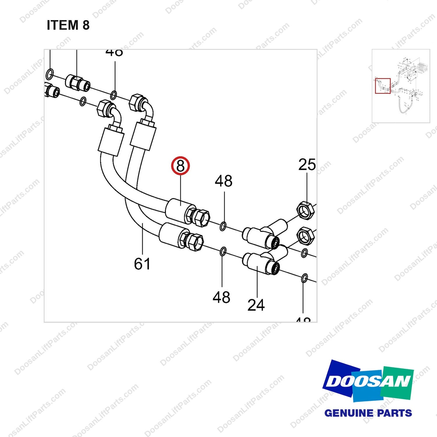 DS20131671 HOSE GROUP,HYDRAULIC;MO LINES - parts diagram, item 8 shown - genuine Doosan / Bobcat forklift part