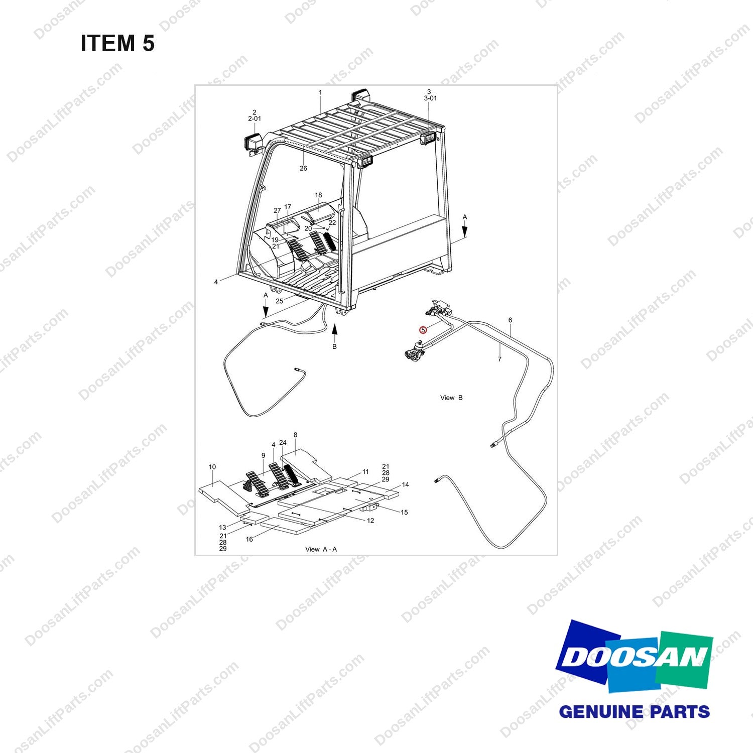 DS20131753 GUARD GROUP,OVERHEAD;TIER4,INT - full parts diagram, item 5 marked - genuine Doosan / Bobcat forklift part