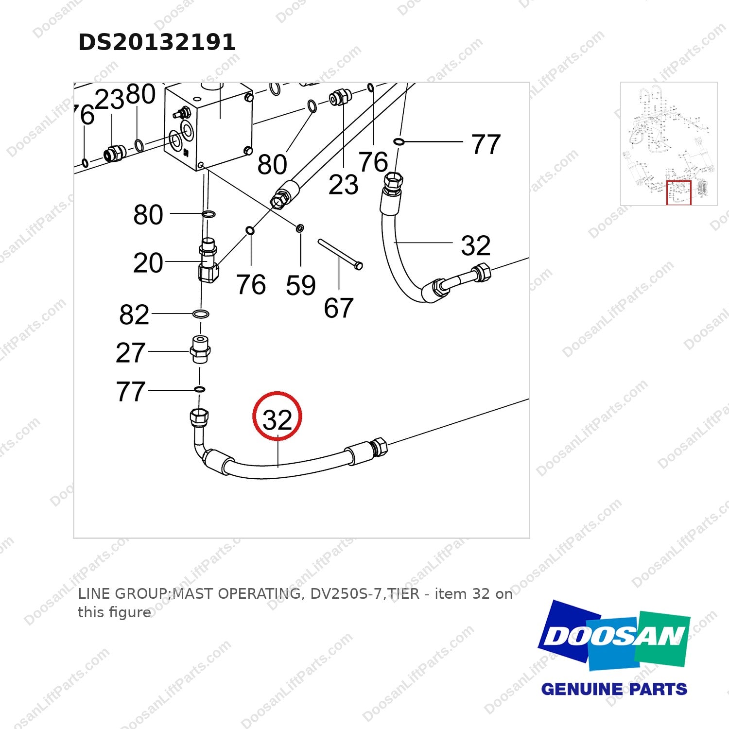 DS20132191 LINE GROUP;MAST OPERATING, DV250S-7,TIER - parts diagram, item 32 shown - genuine Doosan / Bobcat forklift part
