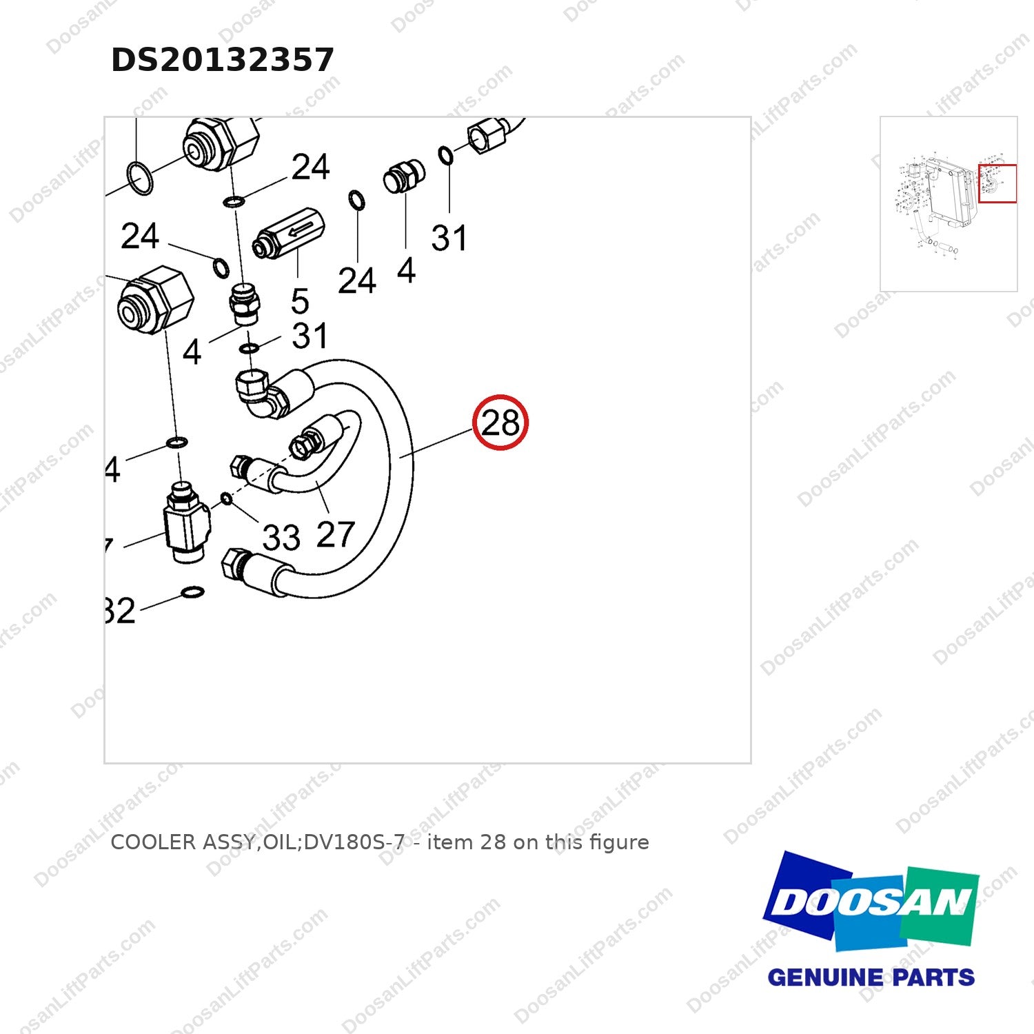 DS20132357 COOLER ASSY,OIL;DV180S-7 - parts diagram, item 28 shown - genuine Doosan / Bobcat forklift part