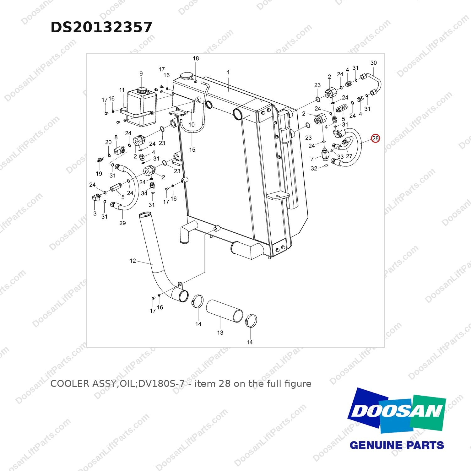 DS20132357 COOLER ASSY,OIL;DV180S-7 - full parts diagram, item 28 marked - genuine Doosan / Bobcat forklift part