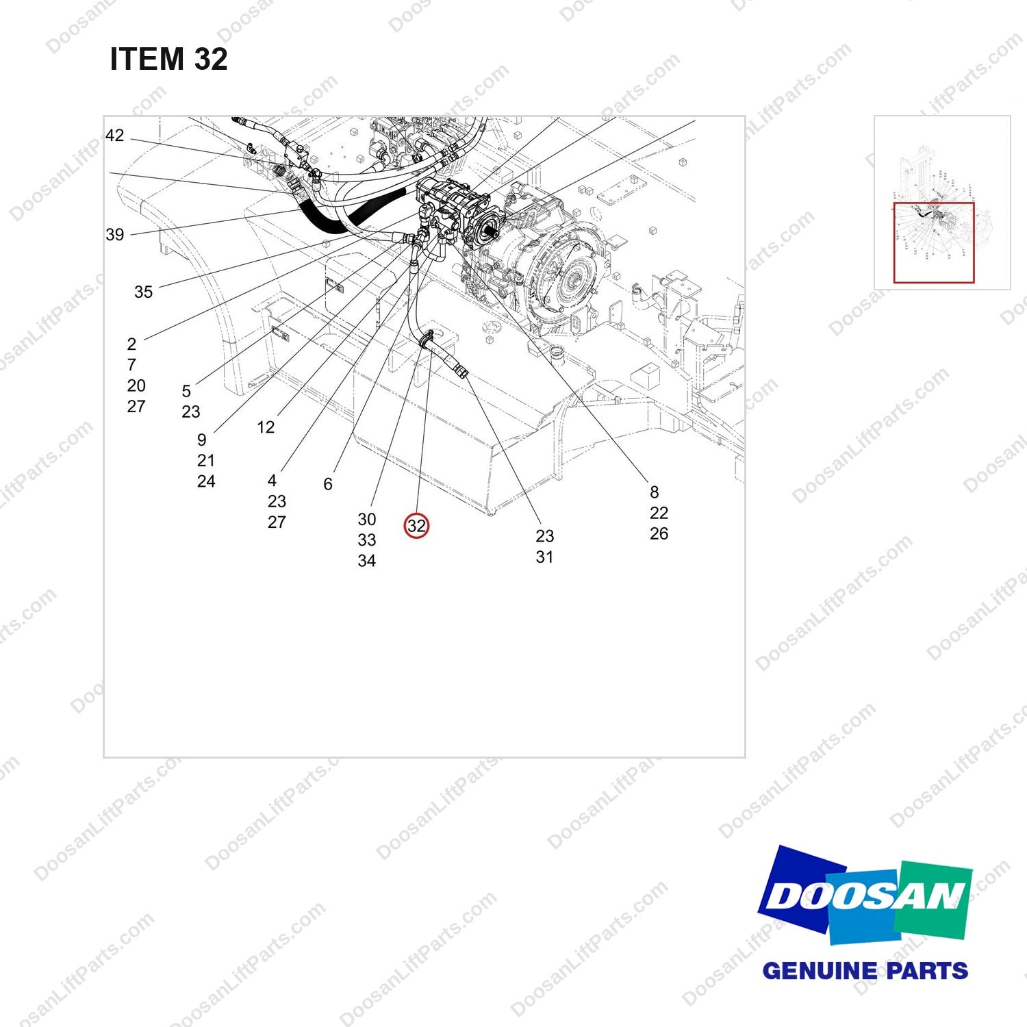 DS2013249 LINE GP-FINGERTIP M.O;LINE,ANTI SURGE - parts diagram, item 32 shown - genuine Doosan / Bobcat forklift part
