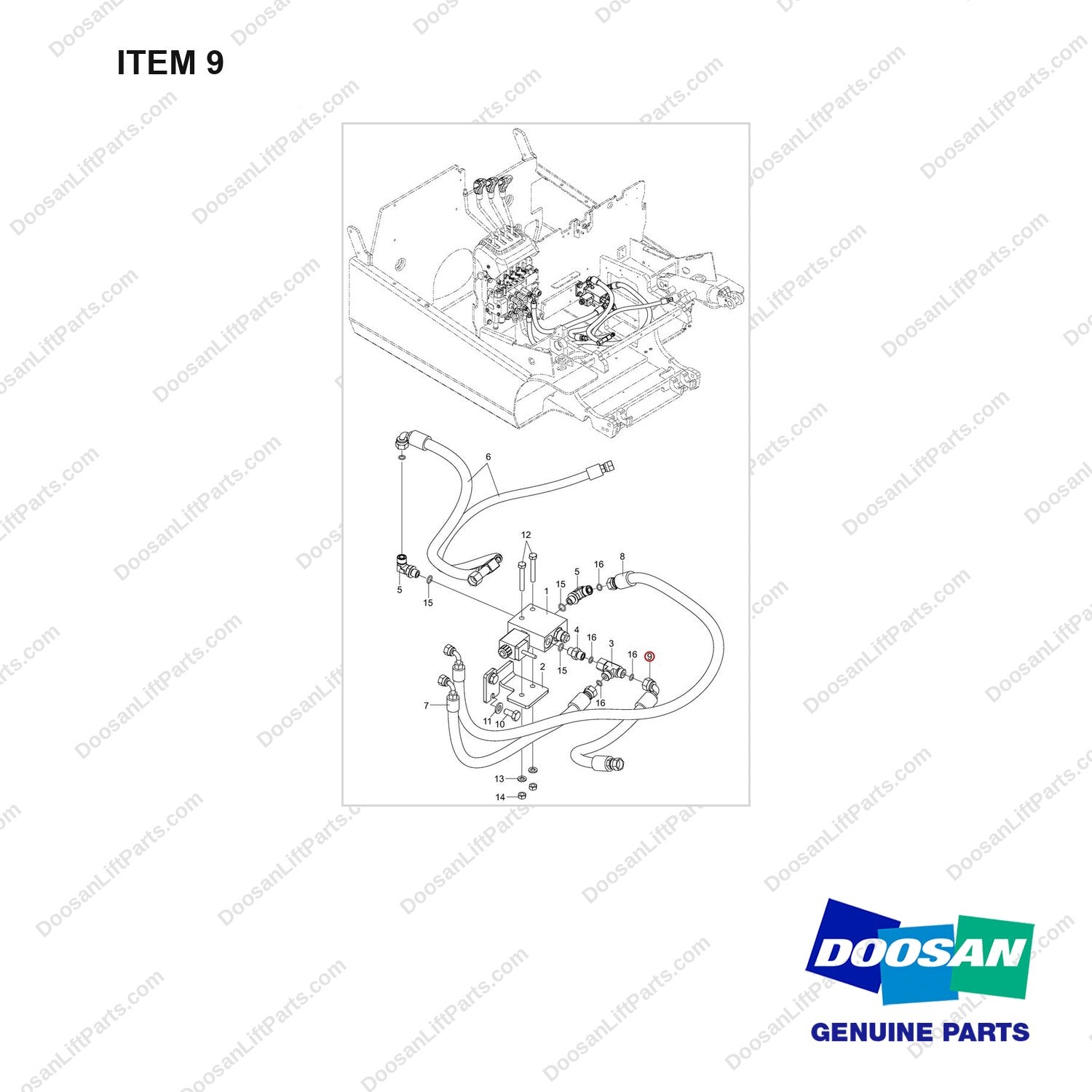 DS20132532 CH/OV AUTOTILT LEVELING;MANUAL,LINES GP. - full parts diagram, item 9 marked - genuine Doosan / Bobcat forklift part