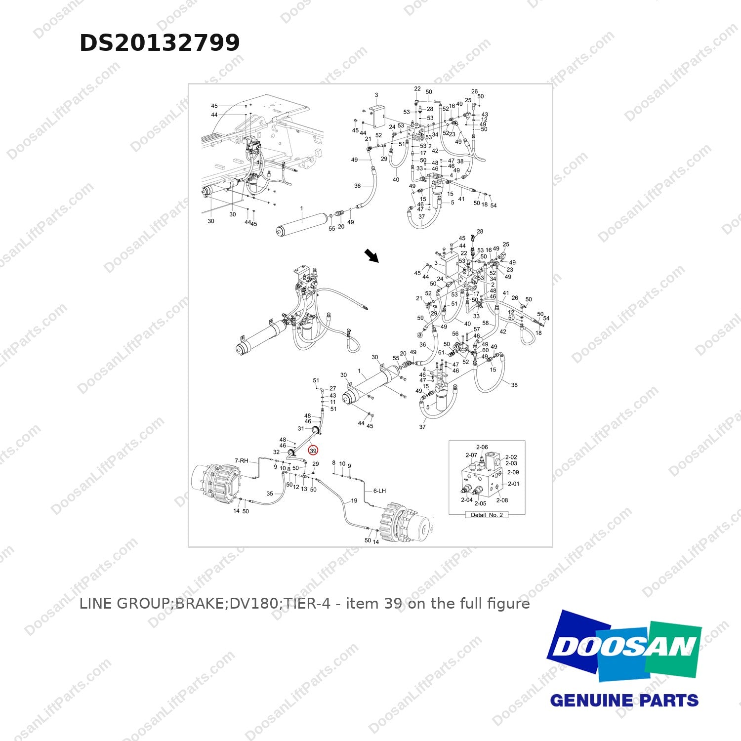 DS20132799 LINE GROUP;BRAKE;DV180;TIER-4 - full parts diagram, item 39 marked - genuine Doosan / Bobcat forklift part