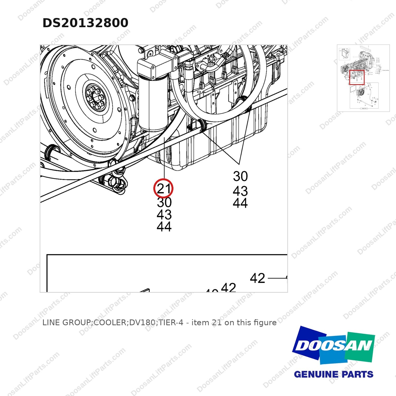 DS20132800 LINE GROUP;COOLER;DV180;TIER-4 - parts diagram, item 21 shown - genuine Doosan / Bobcat forklift part