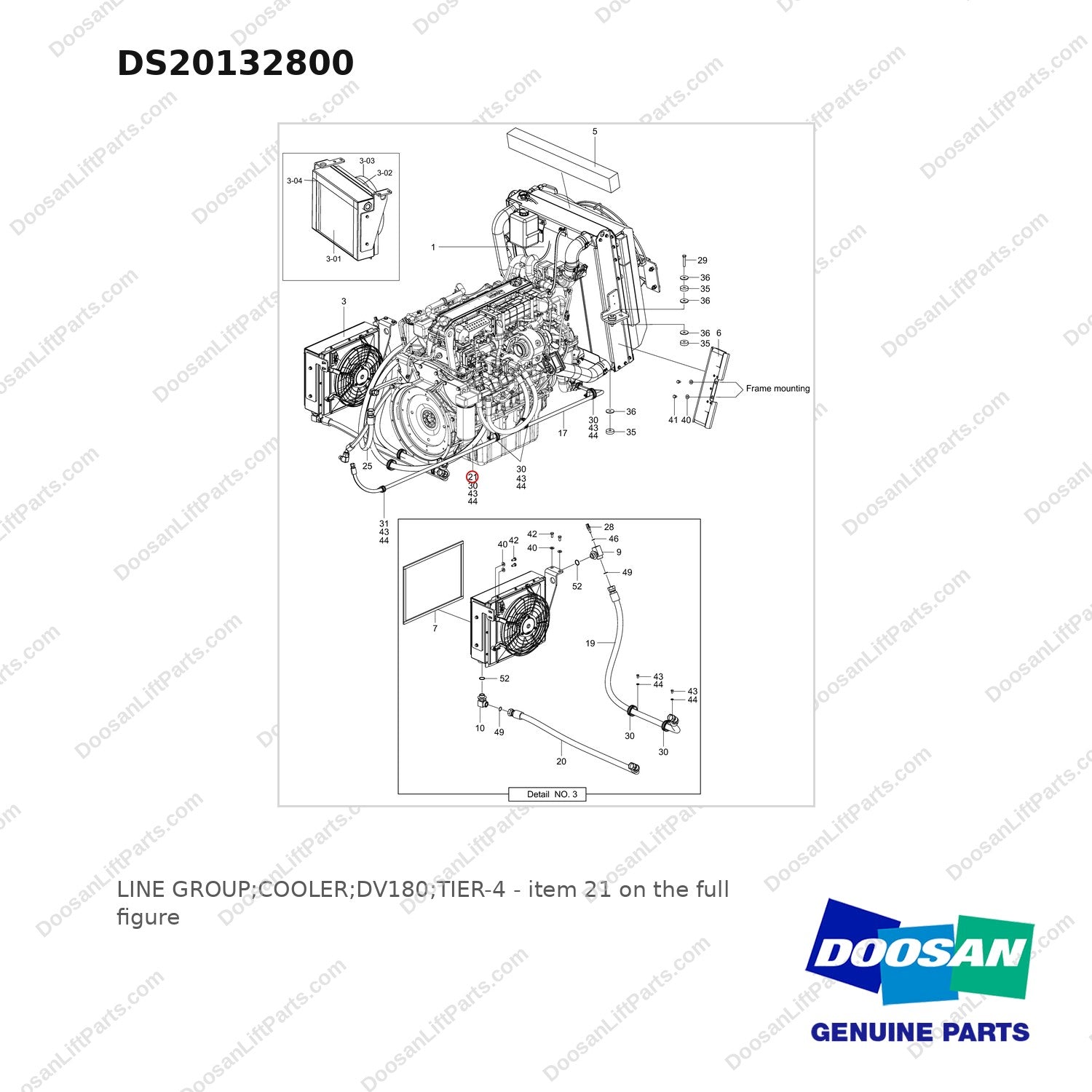DS20132800 LINE GROUP;COOLER;DV180;TIER-4 - full parts diagram, item 21 marked - genuine Doosan / Bobcat forklift part