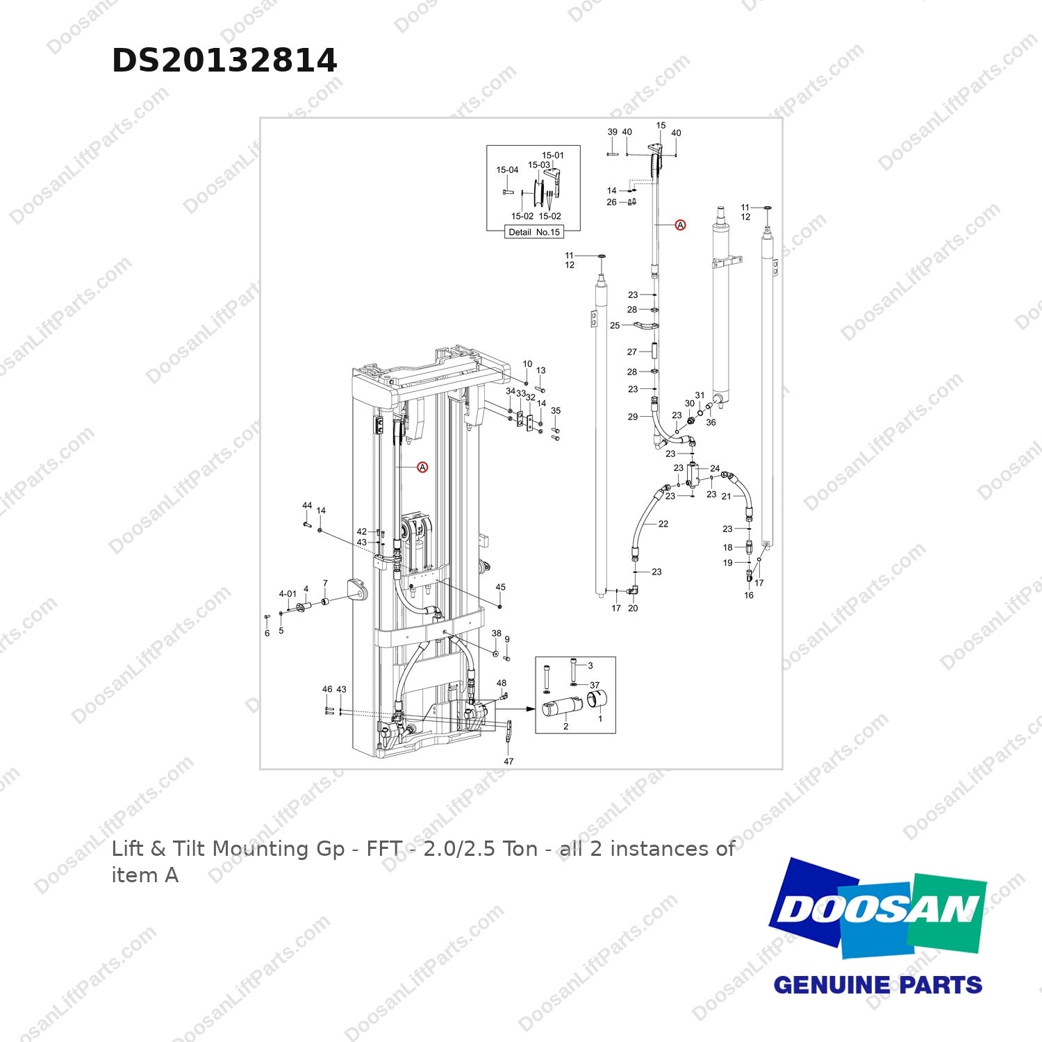 DS20132814 Lift & Tilt Mounting Gp - FFT - 2.0/2.5 Ton - full parts diagram, item A marked - genuine Doosan / Bobcat forklift part