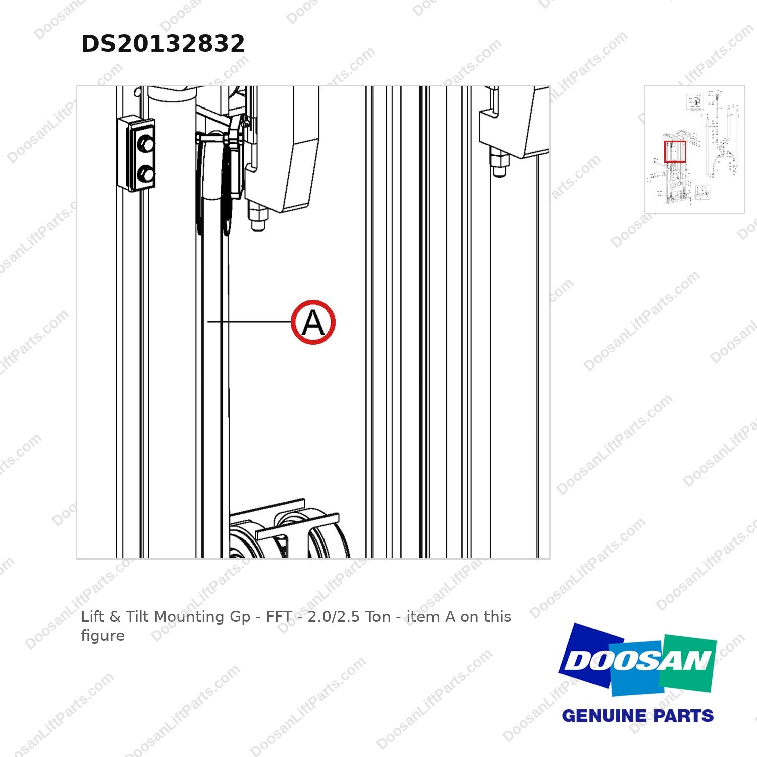 DS20132832 Lift & Tilt Mounting Gp - FFT - 2.0/2.5 Ton - parts diagram, item A shown - genuine Doosan / Bobcat forklift part