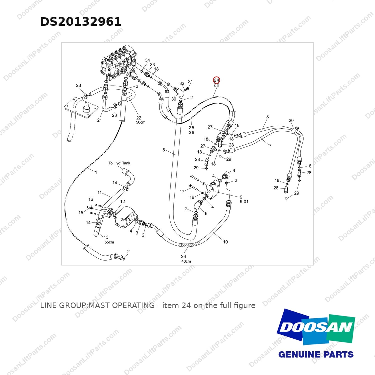 DS20132961 LINE GROUP;MAST OPERATING - full parts diagram, item 24 marked - genuine Doosan / Bobcat forklift part