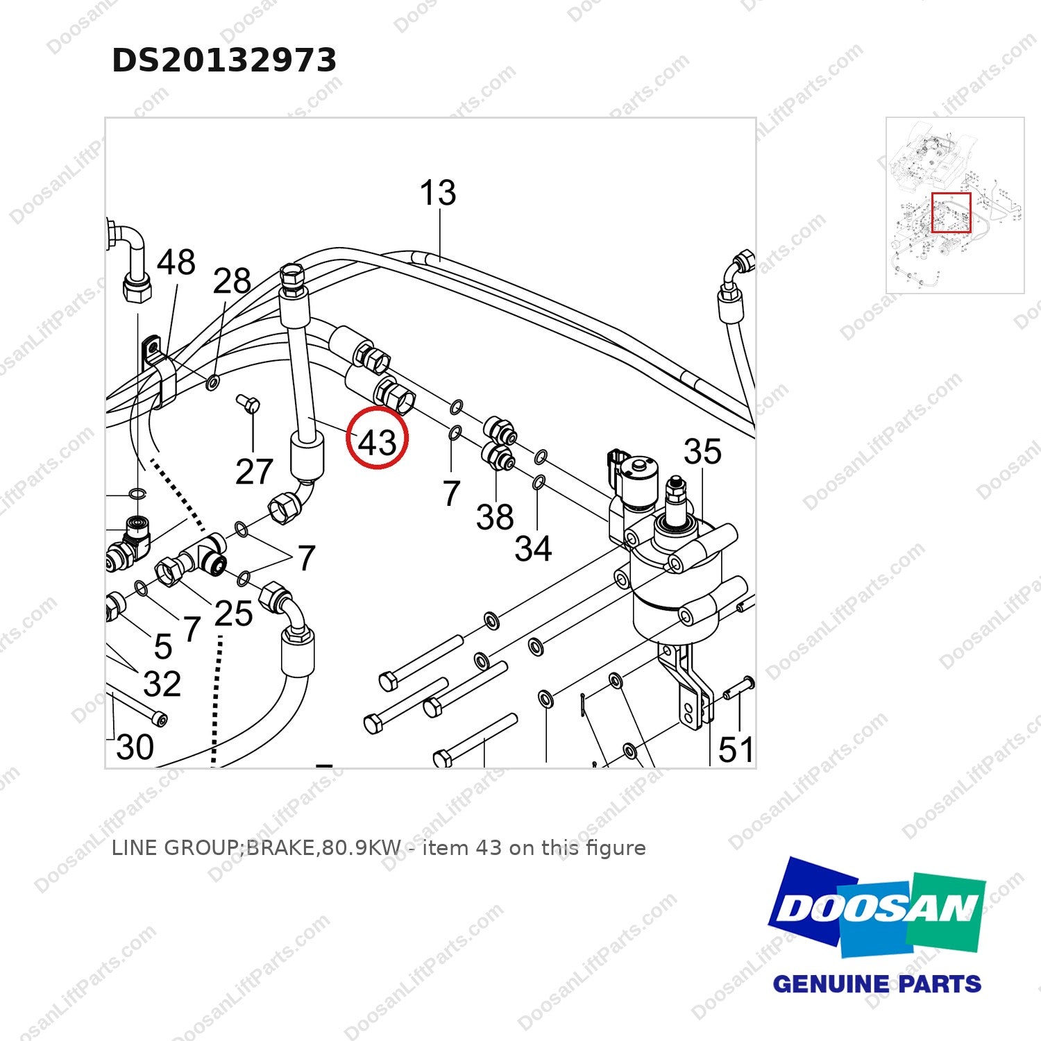 DS20132973 LINE GROUP;BRAKE,80.9KW - parts diagram, item 43 shown - genuine Doosan / Bobcat forklift part