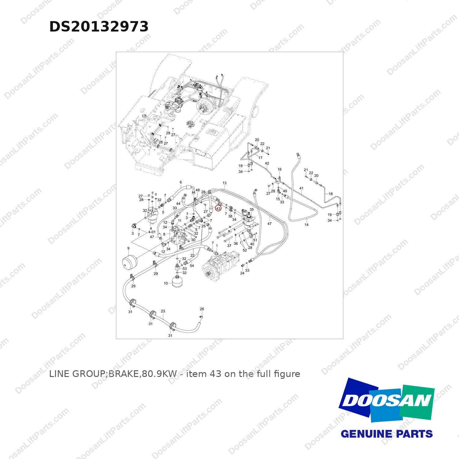 DS20132973 LINE GROUP;BRAKE,80.9KW - full parts diagram, item 43 marked - genuine Doosan / Bobcat forklift part