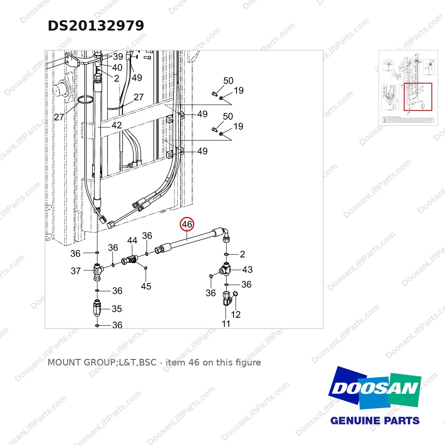 DS20132979 MOUNT GROUP;L&T,BSC - parts diagram, item 46 shown - genuine Doosan / Bobcat forklift part