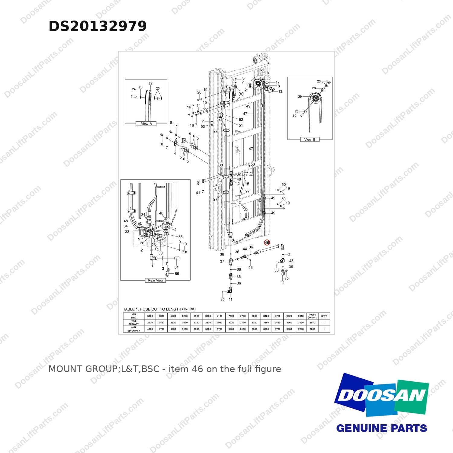 DS20132979 MOUNT GROUP;L&T,BSC - full parts diagram, item 46 marked - genuine Doosan / Bobcat forklift part