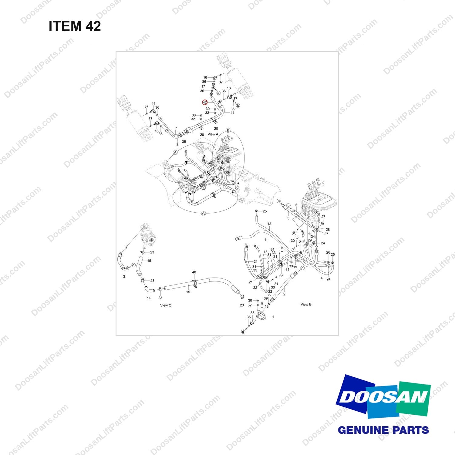DS20133197 PIPE,HYDRAULIC;GROUP,GC45S-9(KUBOTA) - full parts diagram, item 42 marked - genuine Doosan / Bobcat forklift part