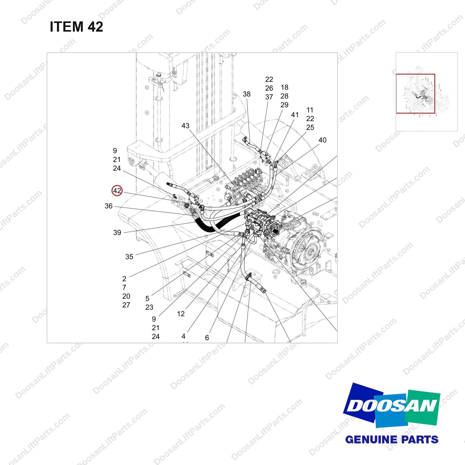 DS20133362 LINE GP-FINGERTIP M.O;LINE,ANTI SURGE - parts diagram, item 42 shown - genuine Doosan / Bobcat forklift part
