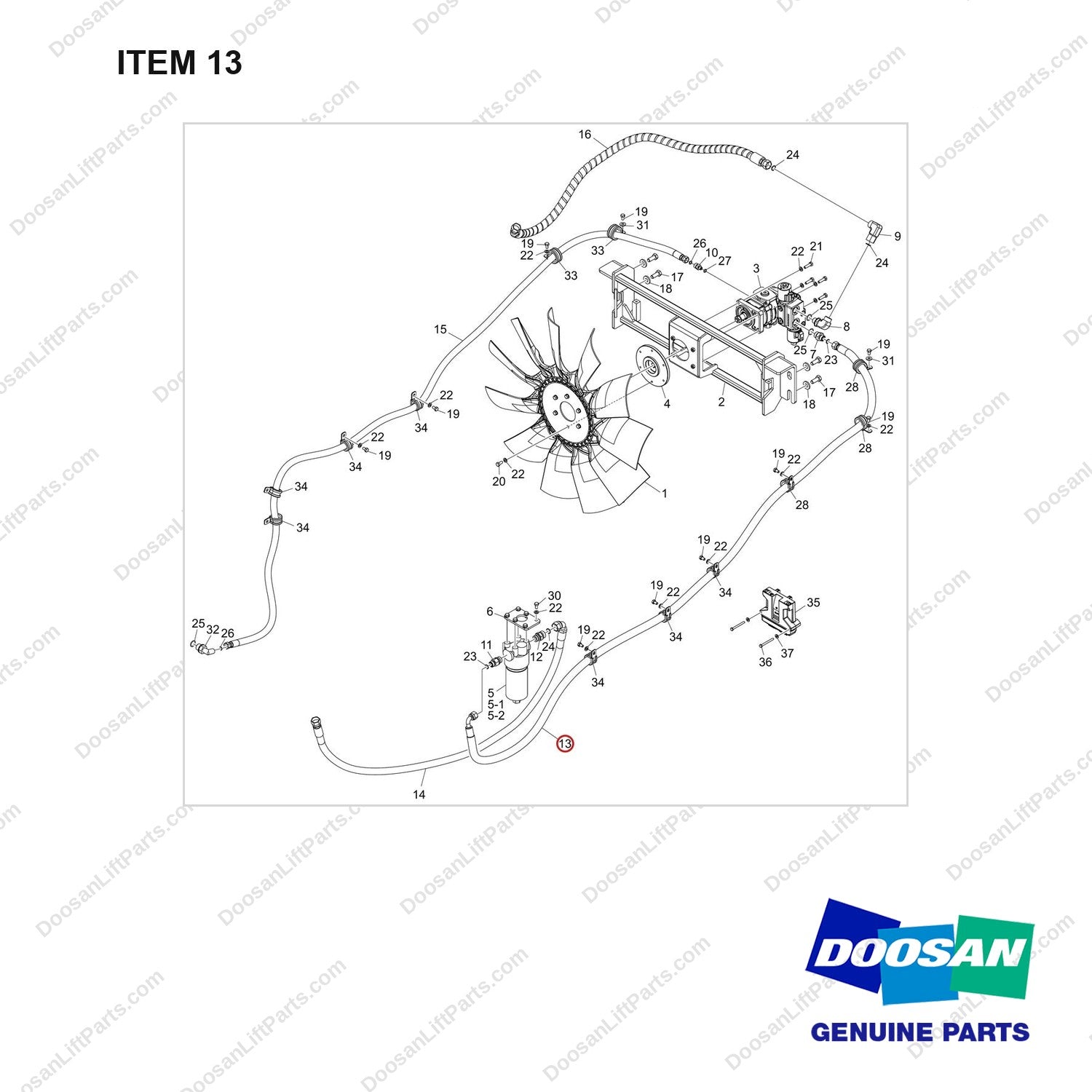 DS20133398 COOLING FAN GROUP;W/ AUTO REVERSE - full parts diagram, item 13 marked - genuine Doosan / Bobcat forklift part