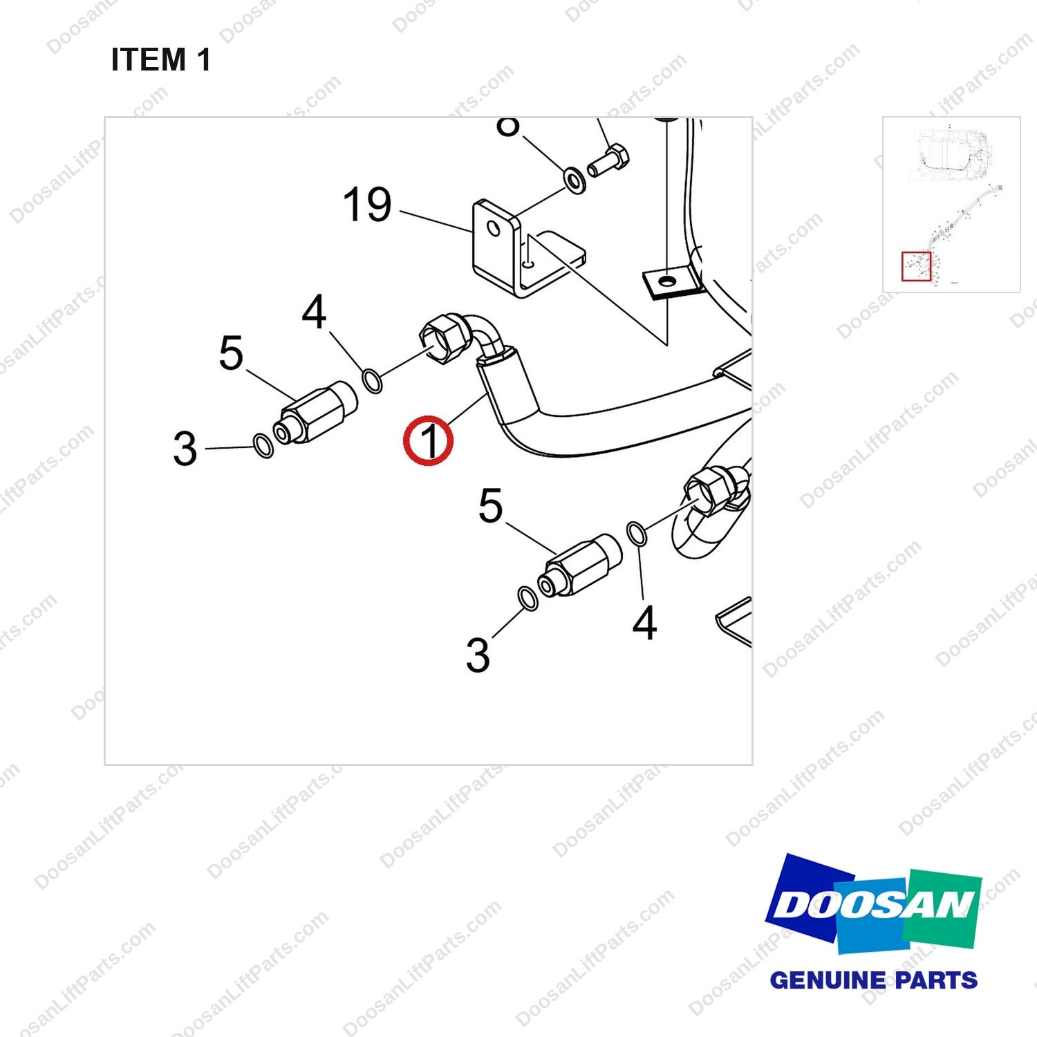 DS20133554 PIPE,STEERING;GROUP,GC35S-9 - parts diagram, item 1 shown - genuine Doosan / Bobcat forklift part