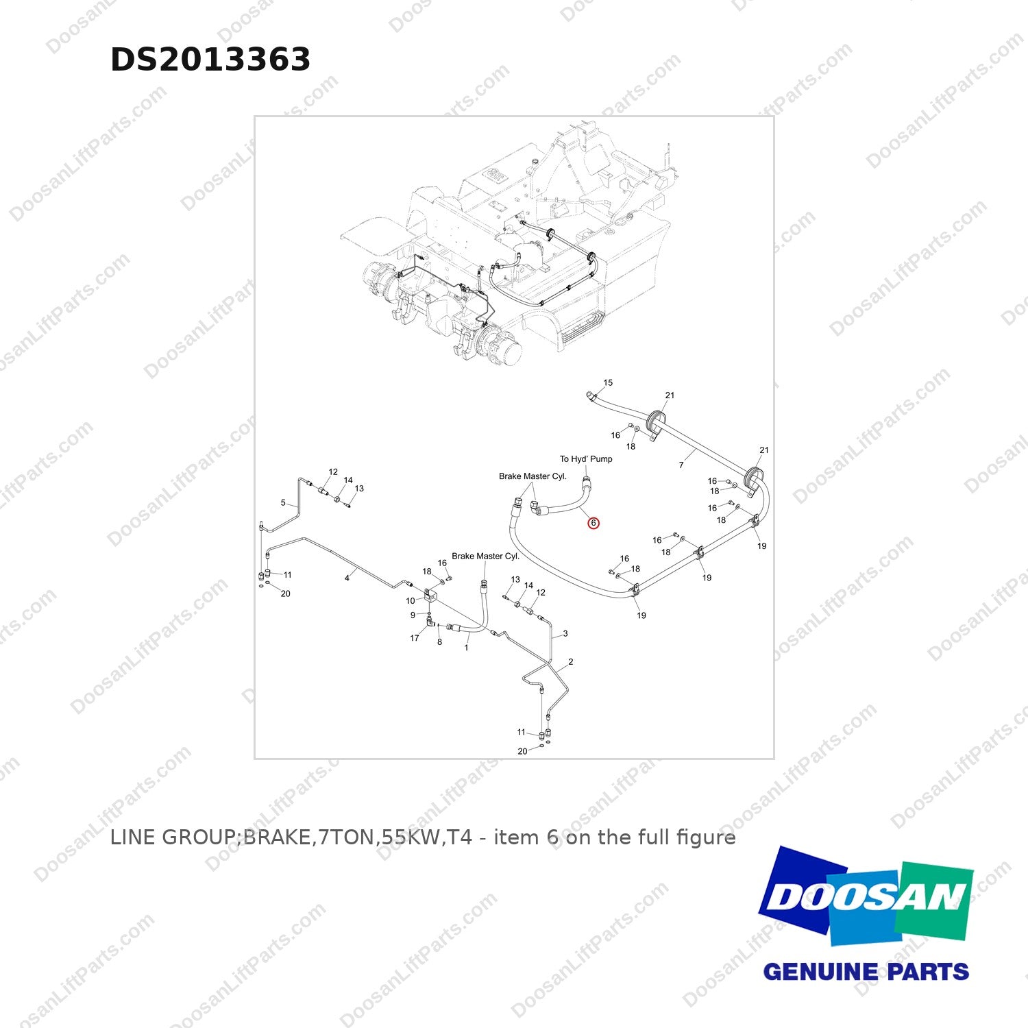 DS2013363 LINE GROUP;BRAKE,7TON,55KW,T4 - full parts diagram, item 6 marked - genuine Doosan / Bobcat forklift part