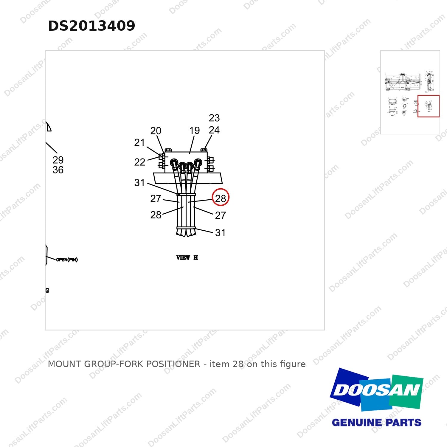 DS2013409 MOUNT GROUP-FORK POSITIONER - parts diagram, item 28 shown - genuine Doosan / Bobcat forklift part
