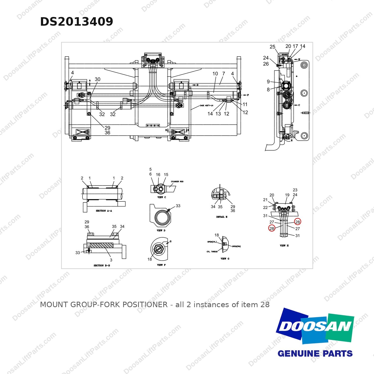DS2013409 MOUNT GROUP-FORK POSITIONER - full parts diagram, item 28 marked - genuine Doosan / Bobcat forklift part