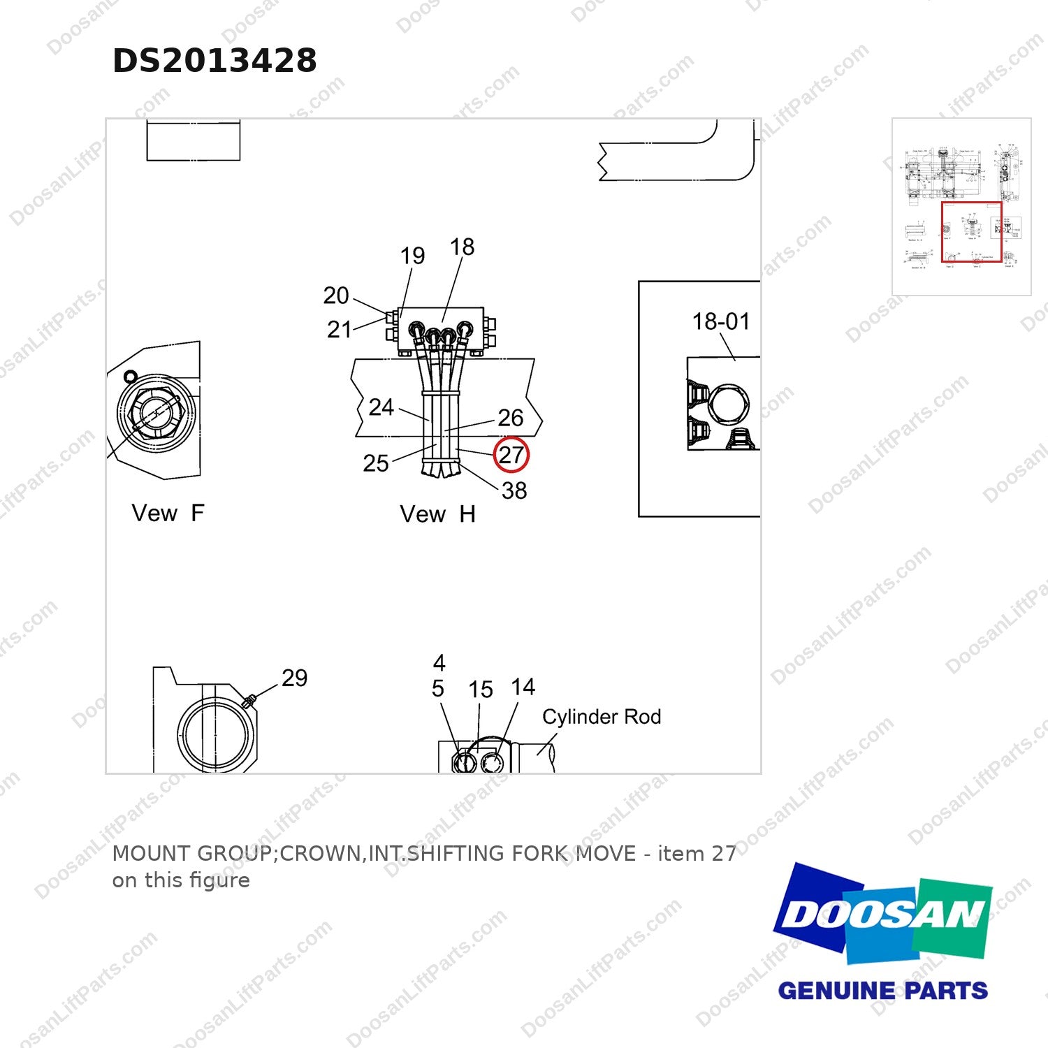 DS2013428 MOUNT GROUP;CROWN,INT.SHIFTING FORK MOVE - parts diagram, item 27 shown - genuine Doosan / Bobcat forklift part