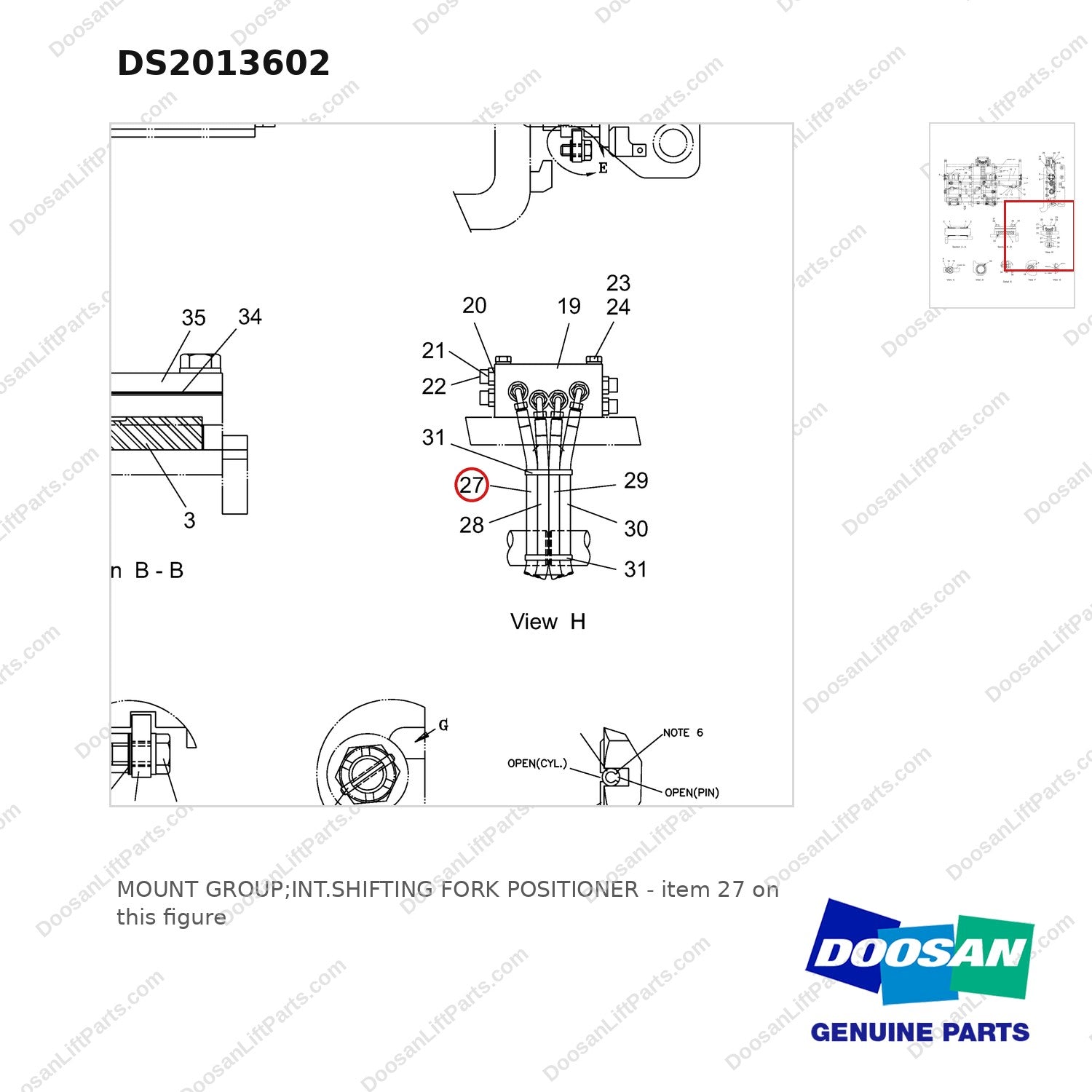 DS2013602 MOUNT GROUP;INT.SHIFTING FORK POSITIONER - parts diagram, item 27 shown - genuine Doosan / Bobcat forklift part