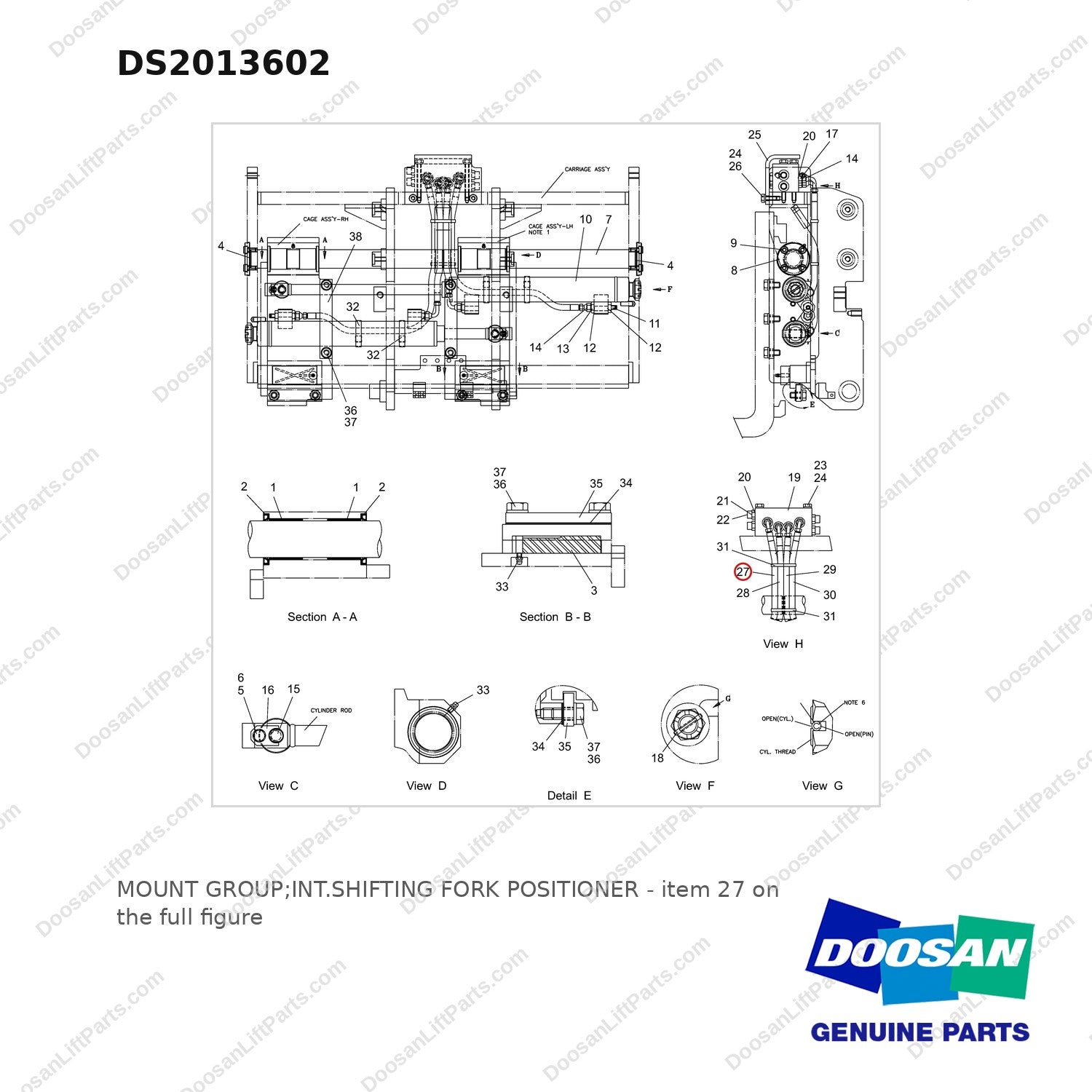 DS2013602 MOUNT GROUP;INT.SHIFTING FORK POSITIONER - full parts diagram, item 27 marked - genuine Doosan / Bobcat forklift part
