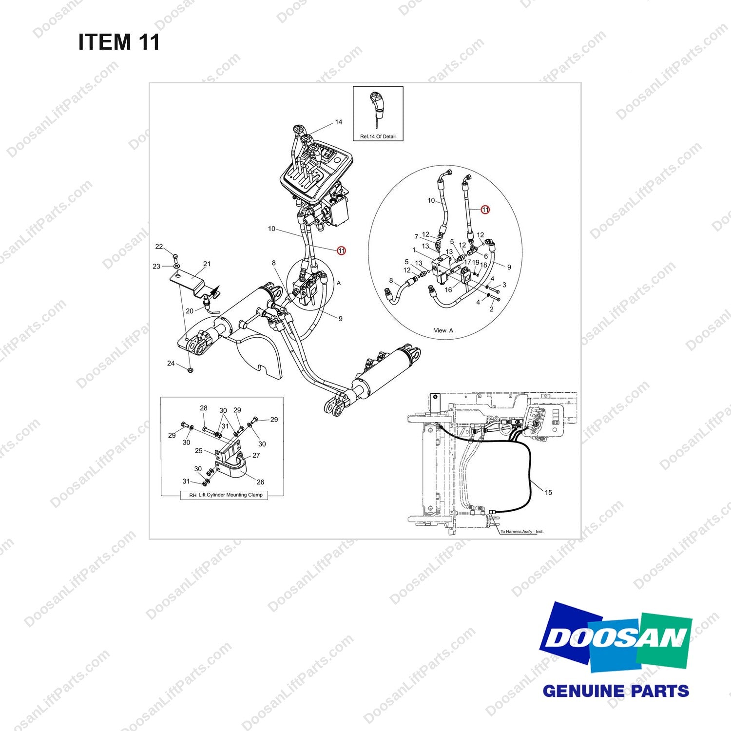 DS2013660 ARRANGEMENT,CHANGEOVER;AUTO TILT LEVELIN - full parts diagram, item 11 marked - genuine Doosan / Bobcat forklift part
