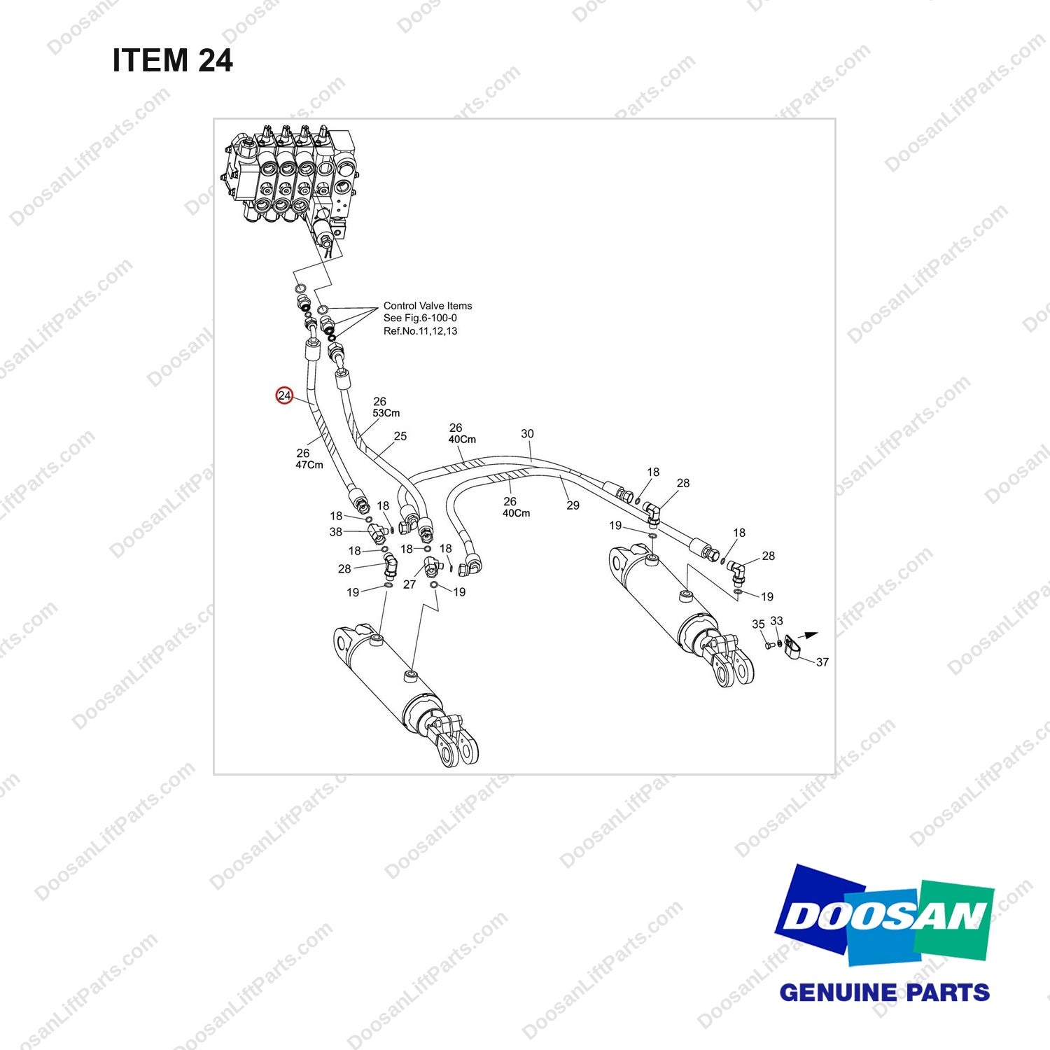 DS2013725 Mast Operating Gp-Tilt Line/ Main Pump & Priority Valve Line - full parts diagram, item 24 marked - genuine Doosan / Bobcat forklift part