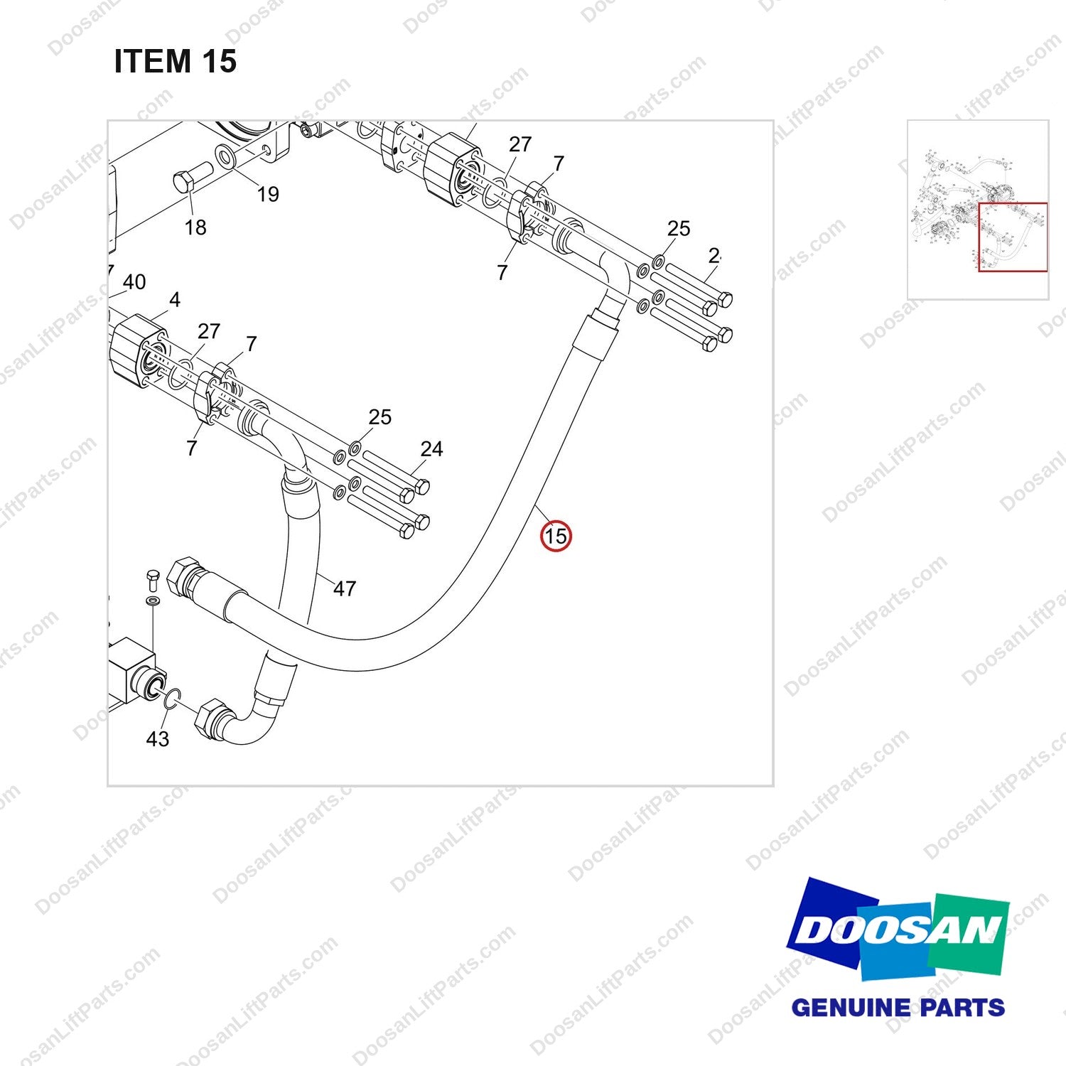 DS2018715 MAIN PUMP GROUP - parts diagram, item 15 shown - genuine Doosan / Bobcat forklift part
