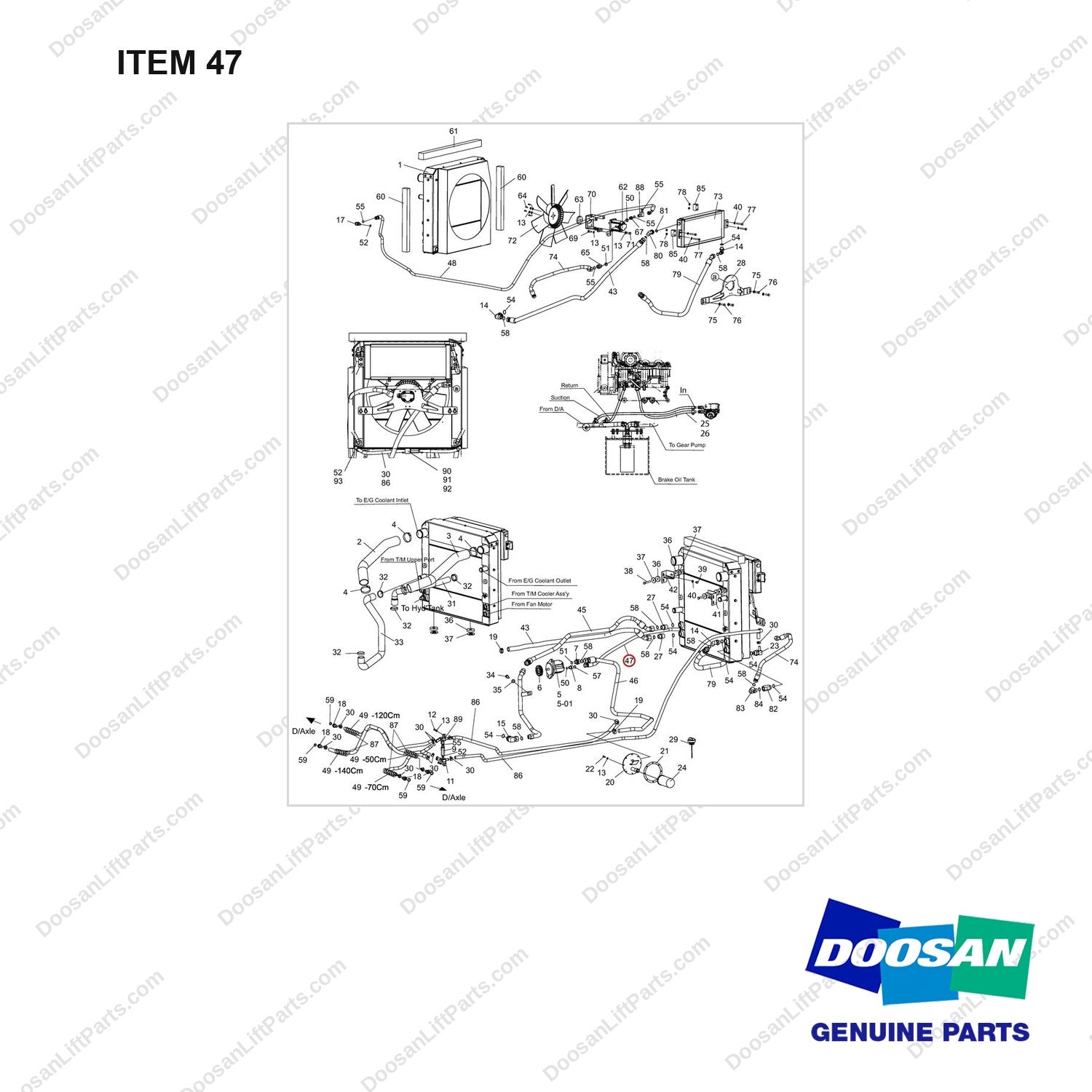 DS2019029 LINE GROUP;COOLER&FUEL,D160,ODB,T-3 - full parts diagram, item 47 marked - genuine Doosan / Bobcat forklift part