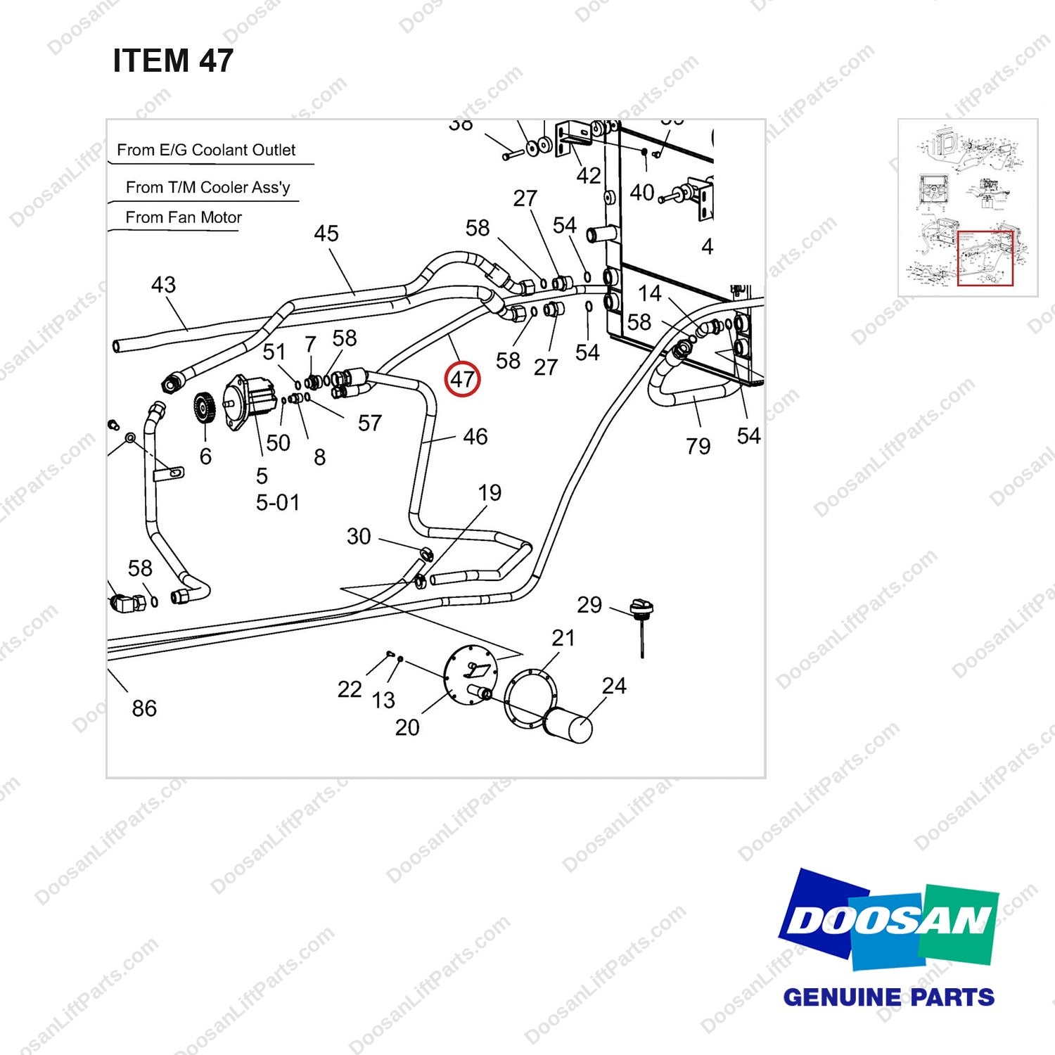 DS2019029 LINE GROUP;COOLER&FUEL,D160,ODB,T-3 - parts diagram, item 47 shown - genuine Doosan / Bobcat forklift part