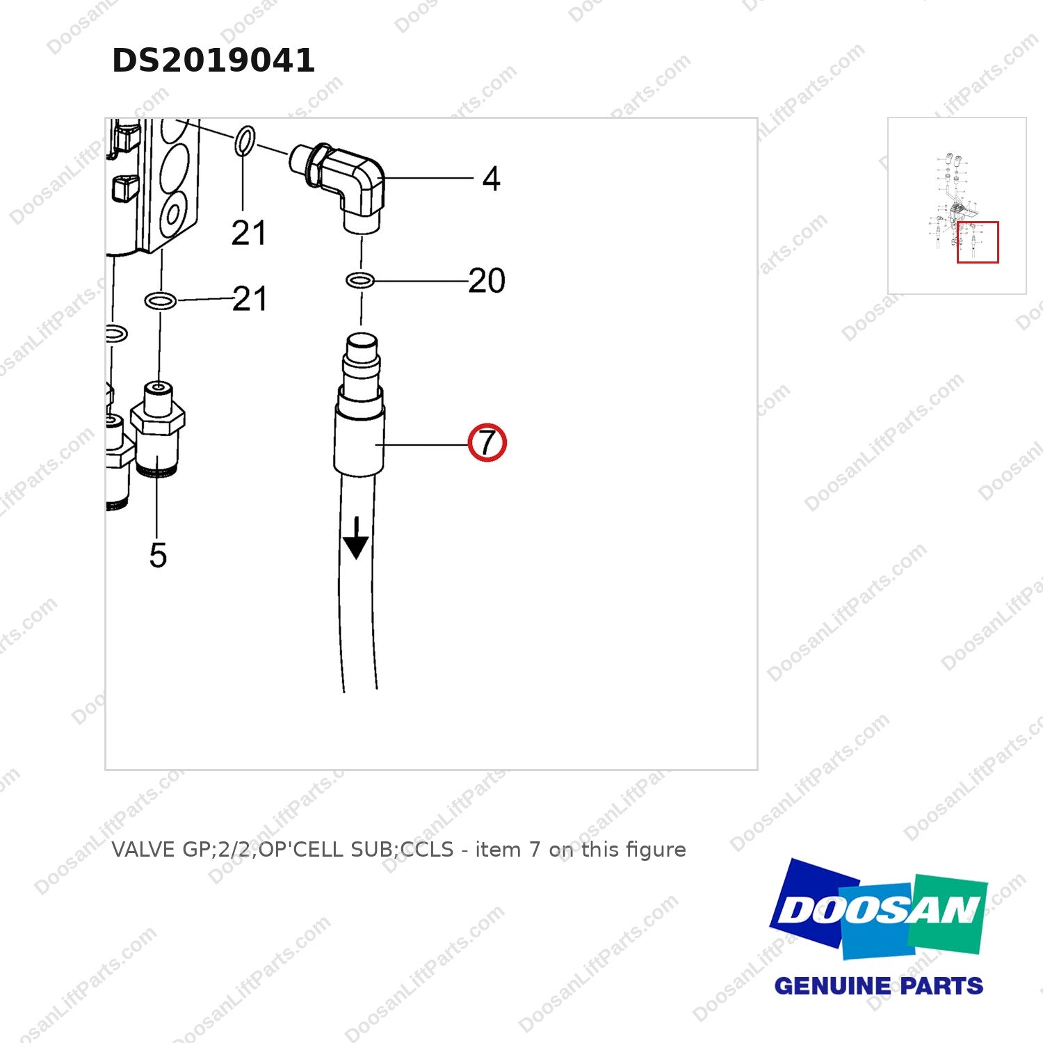 DS2019041 VALVE GP;2/2,OP'CELL SUB;CCLS - parts diagram, item 7 shown - genuine Doosan / Bobcat forklift part