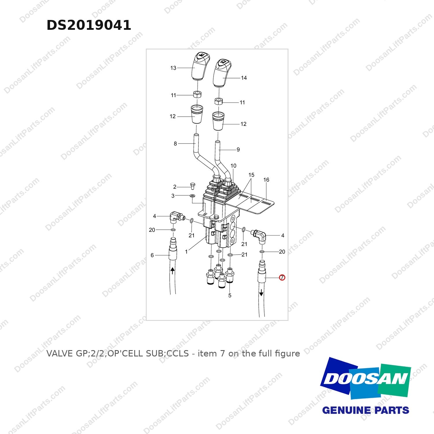 DS2019041 VALVE GP;2/2,OP'CELL SUB;CCLS - full parts diagram, item 7 marked - genuine Doosan / Bobcat forklift part