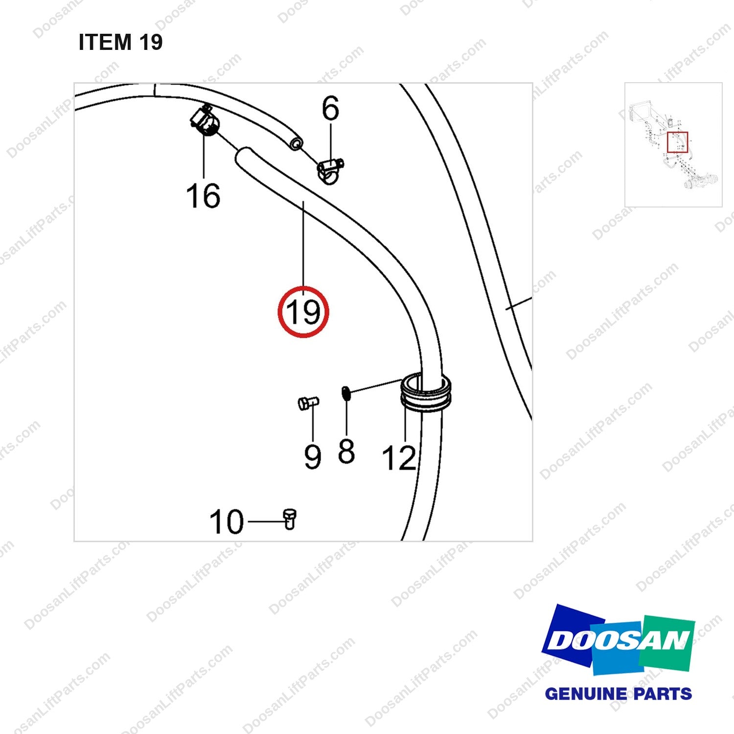 DS2019076 LINE GROUP;COOLANT - parts diagram, item 19 shown - genuine Doosan / Bobcat forklift part