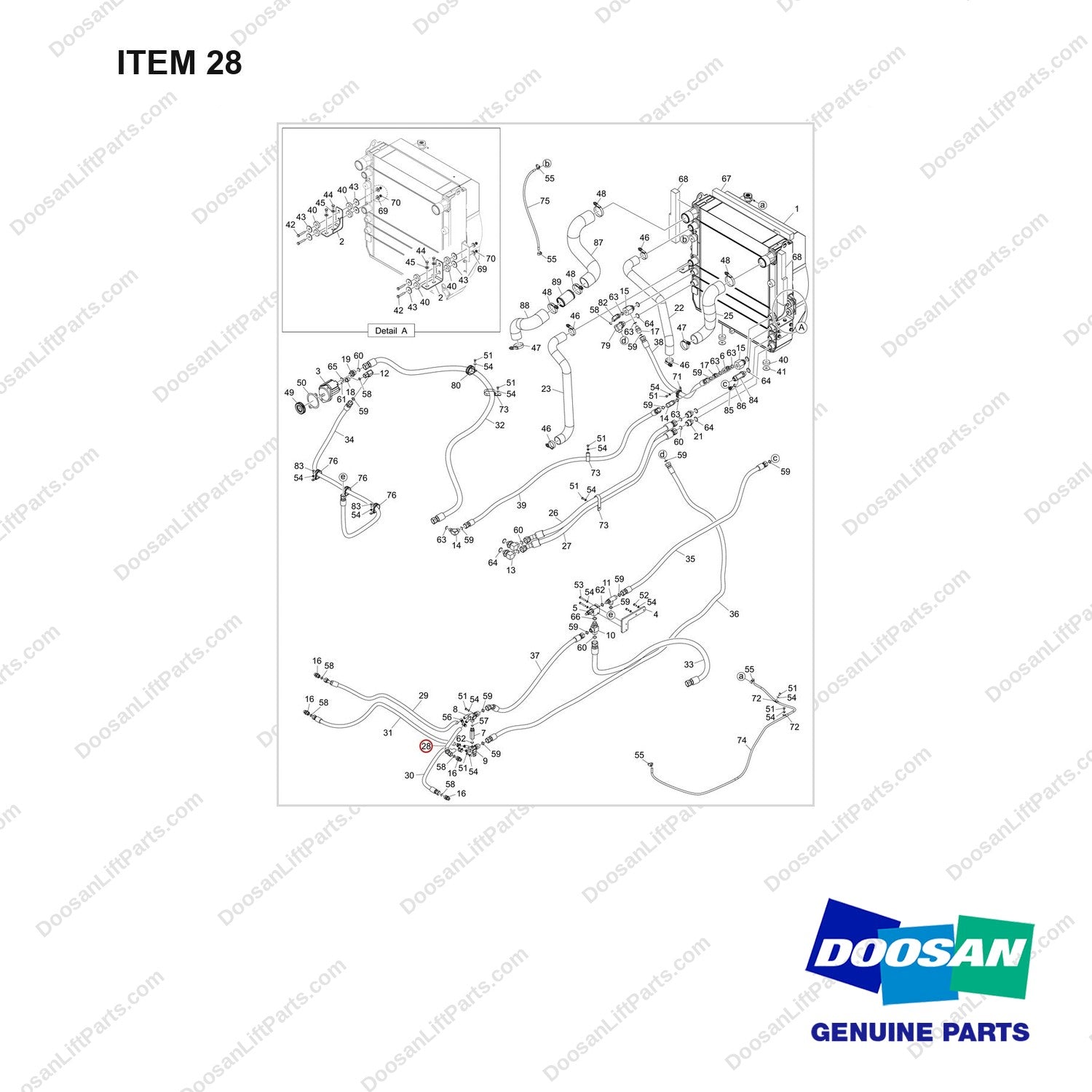 DS2022054 COOLER LINES GROUP - full parts diagram, item 28 marked - genuine Doosan / Bobcat forklift part